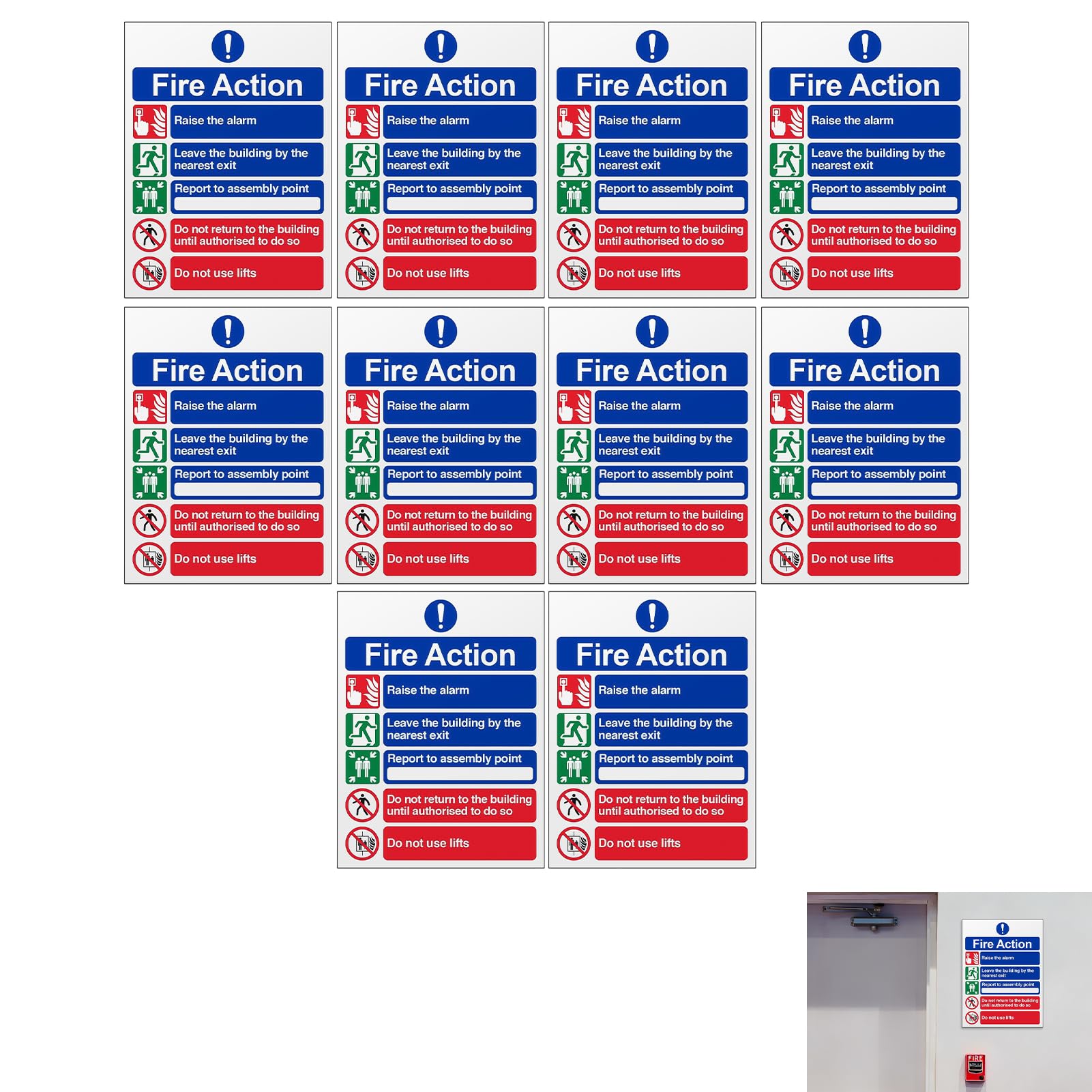 10 Pcs Fire Action Notice Sign, Fire Safety Signs, Self Adhesive Vinyl Stickers 20 x 15 cm Waterproof UV Resistant Emergency Fire Instruction Safety Signage for Office Shop Warehouse Factory Business