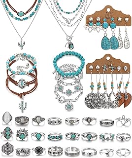 IFKM Bohemian Jewelry Set With Turquoise Necklace, Dangle Earrings, Stackable Bangle Bracelets, Knuckle Rings