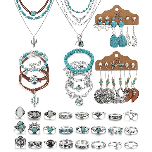 IFKM Bohemian Jewelry Set With Turquoise Necklace, Dangle Earrings, Stackable Bangle Bracelets, Knuckle Rings For Women Vintage Western Boho Turquoise Anniversary Birthday Friendship Gift
