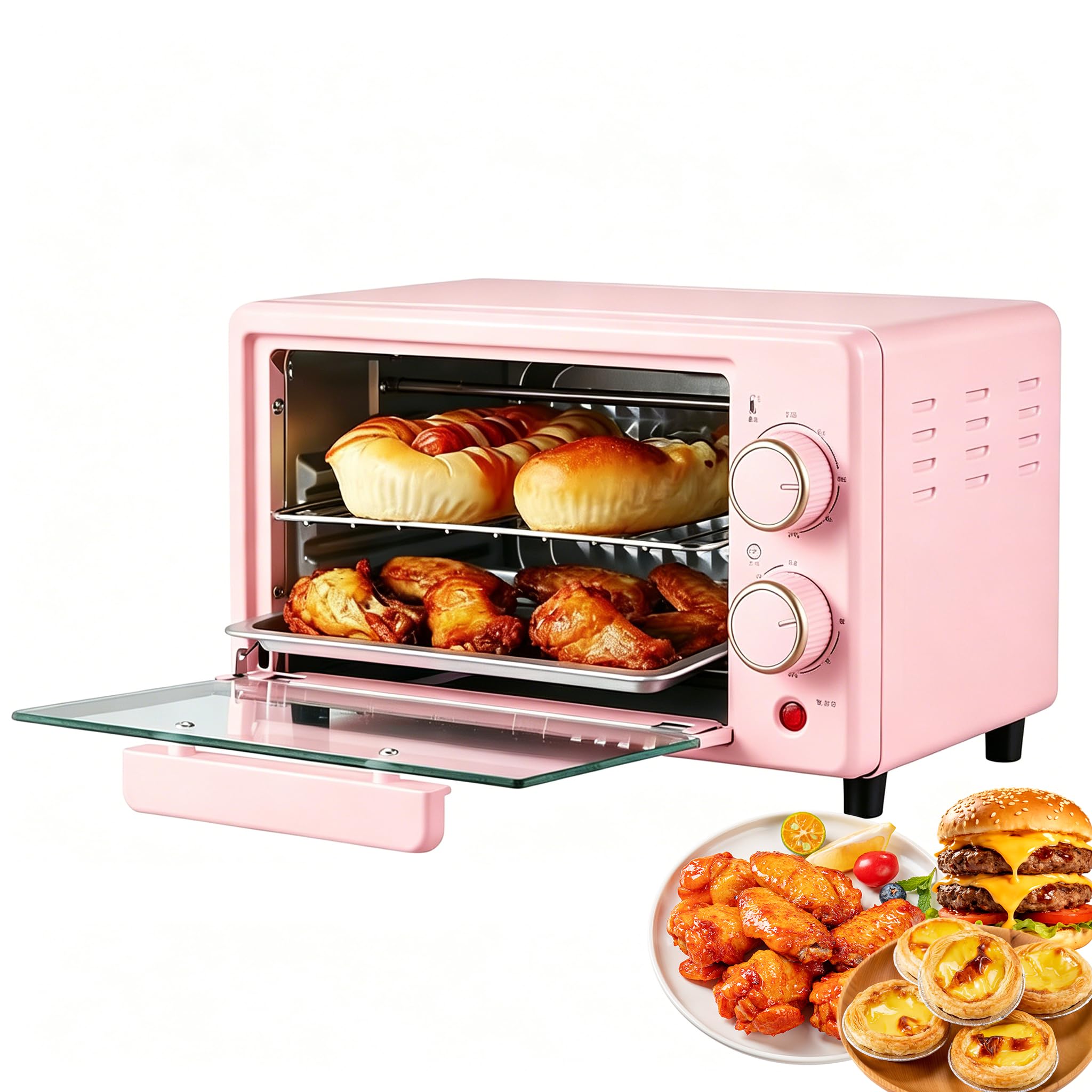 Horno Eléctrico Inteligente De 600 W, Parrilla Eléctrica De Sobremesa De 12 L Con Bandeja Para Hornear Y Rejilla, Temperatura Ajustable De 0 A 230 ℃ Y Temporizador, Ideal Para Asar Y Hornear. pink