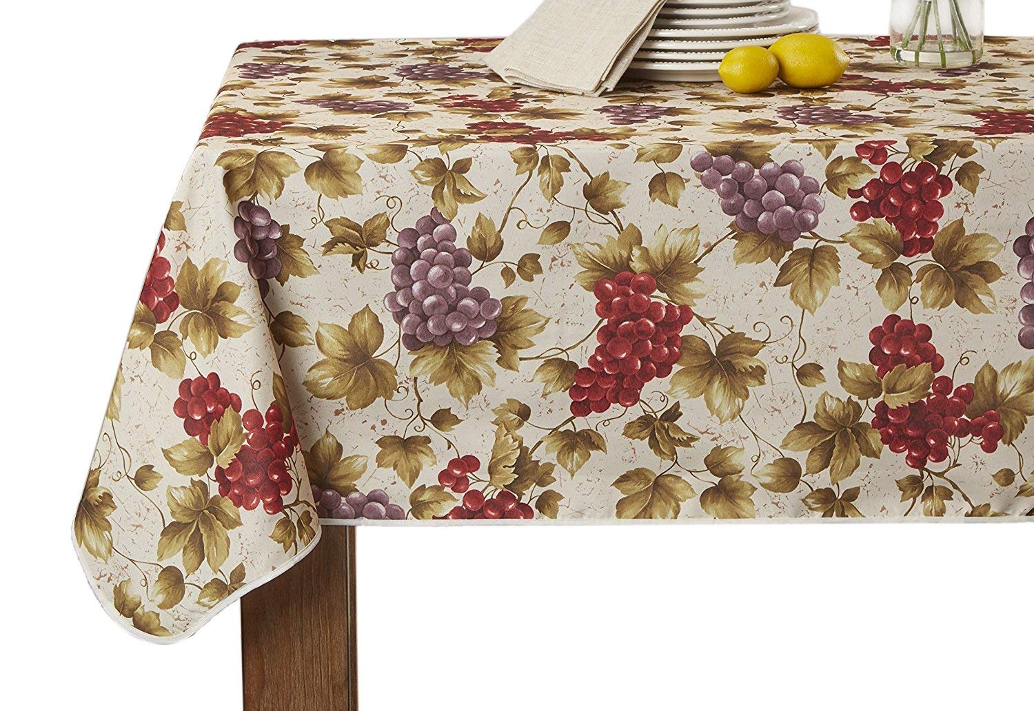 Violet Linen European Vinyard Grapes Printed Design Tablecloth, 60 in x 120 in, Beige
