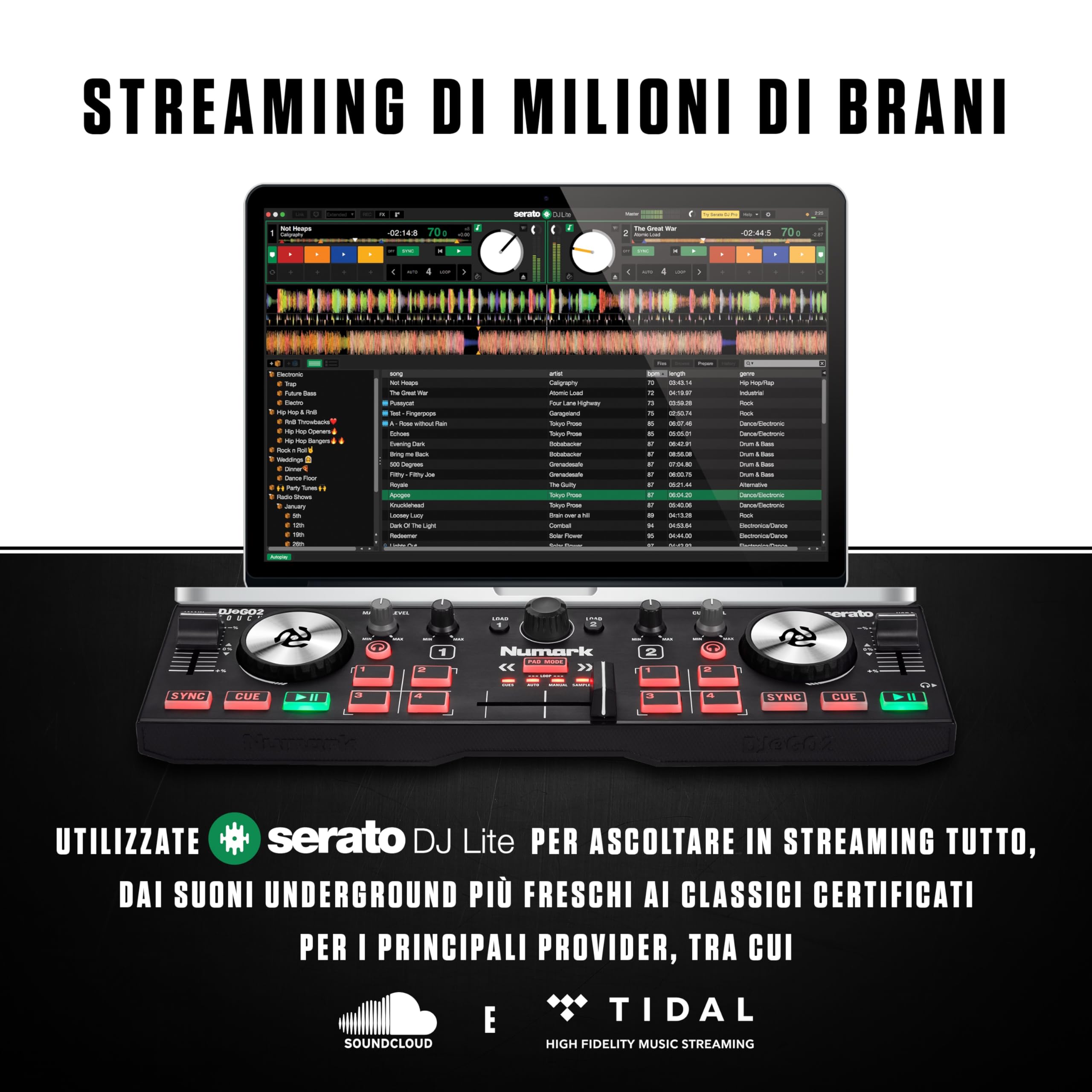 Numark DJ2GO2 Touch + HF175 - Console DJ USB con 2 Deck, Mixer Crossfader, Scheda Audio e Jog Wheel Sensibili al Tocco + Cuffie con Filo 3 m con Driver da 40 mm e Padiglioni di Alta Qualità