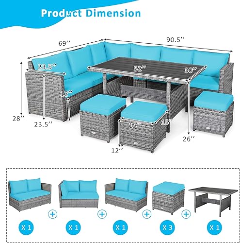 Miniatura 2 de Tangkula Juego de muebles de patio para 6, 7 piezas para todo tipo de clima, sofá seccional de mimbre de polietileno resistente con mesa de comedor