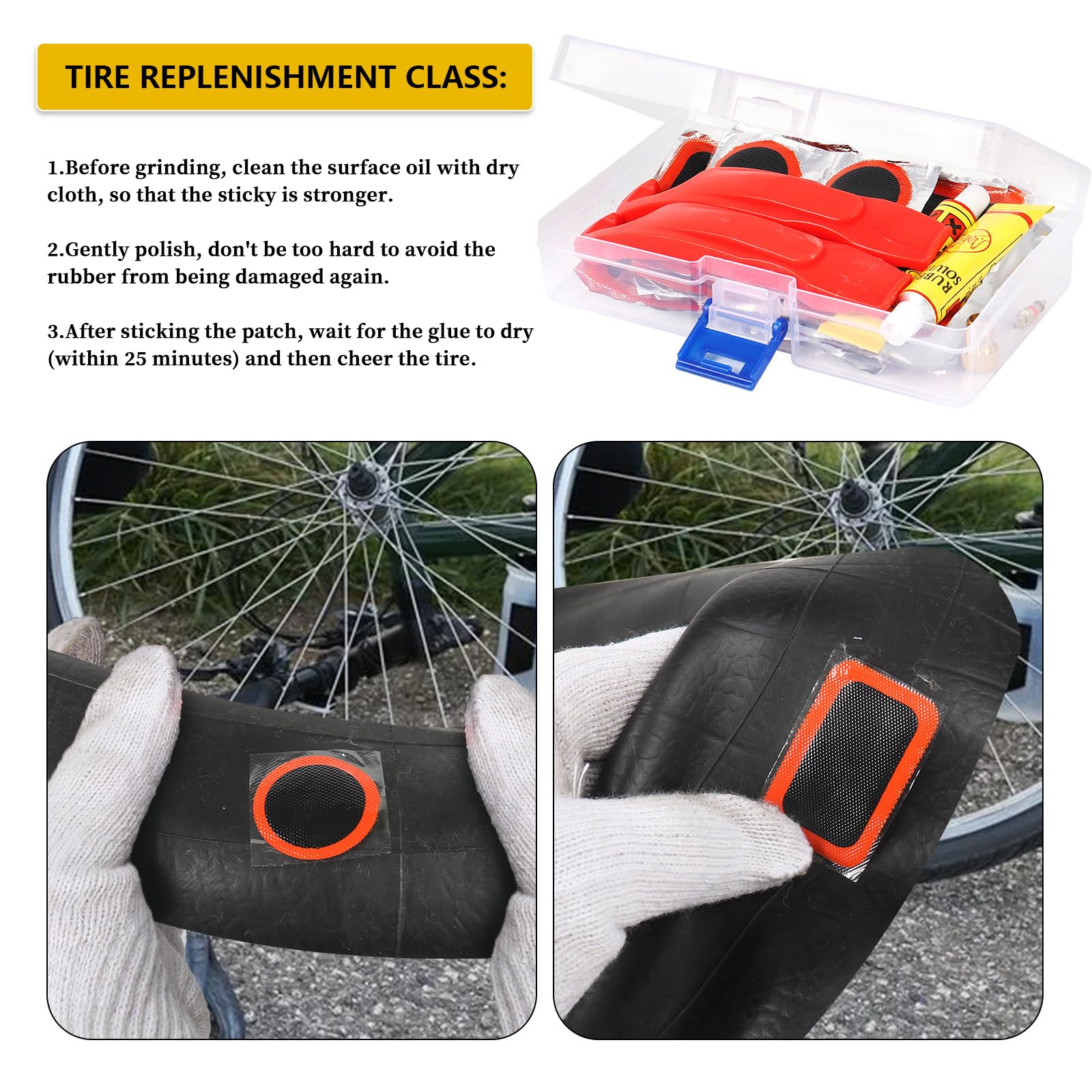 80-teiliges Fahrradreifen-Reparaturset, selbstklebendes Fahrradreifen-Patch-Set, Fahrrad-Werkzeug-Set mit tragbarer Aufbewahrungsbox und Ventilkonverter, Fahrrad-Reparatur-Set für