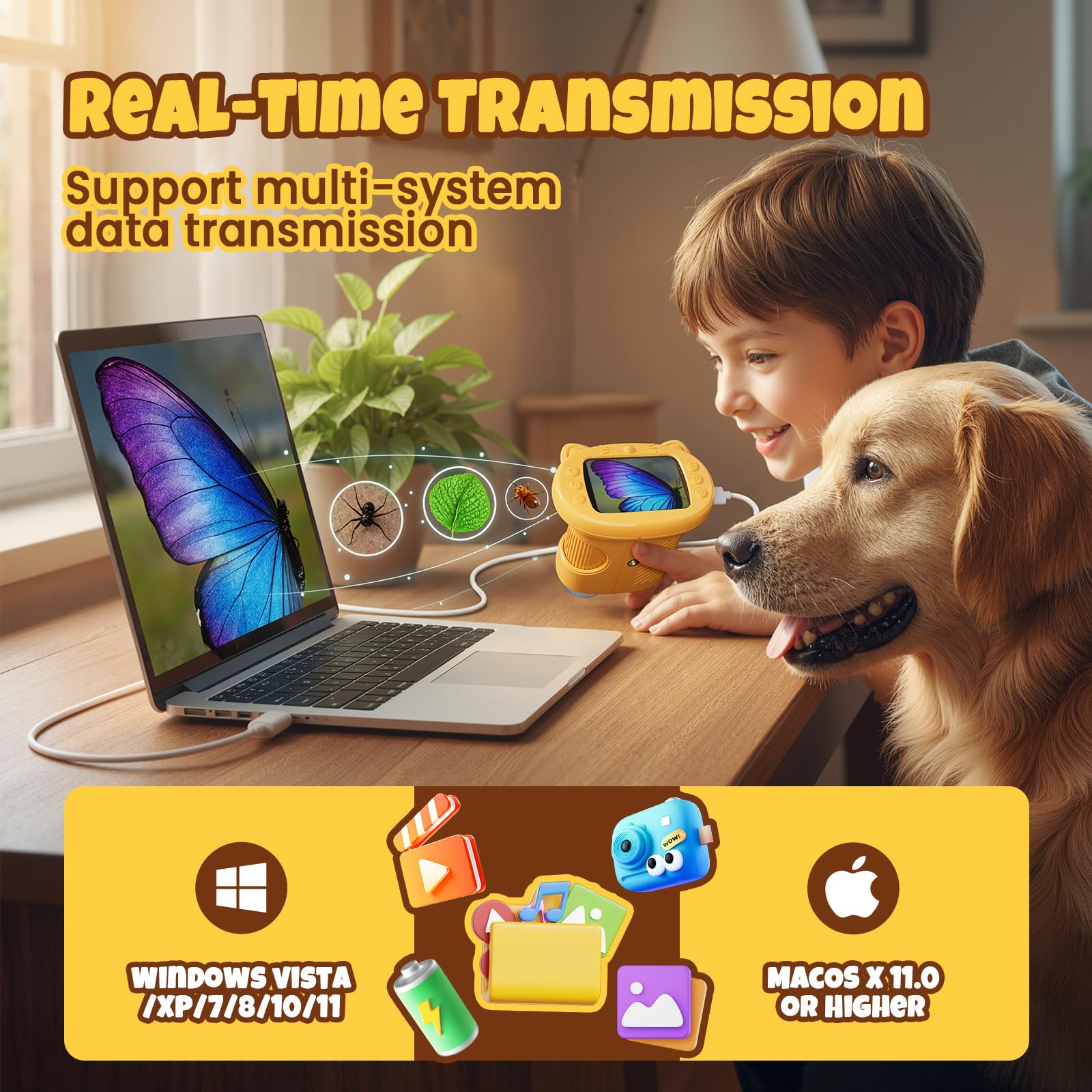 Mikroskop für Kinder Lupe，Digitales 4K Taschenmikroskop mit 2,4" IPS Display, 1000X Vergrößerung (Yellow)