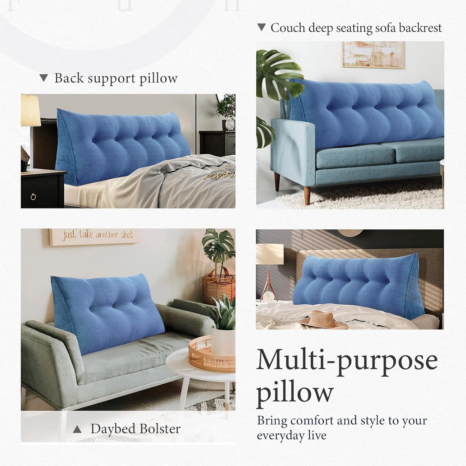 Headboard Wedge Pillow Triangular Bolster Pillows for Bed Rest Reading Pillow Daybed Sofa Cushion Corduroy Large Support Backrest Lumbar Positioning Upholstered (Sky Blue,Twin)