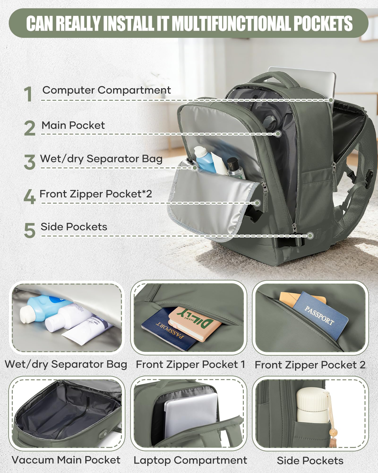 HPLQQ Sac à dos sous vide de voyage 40x30x20 avec pompe pour Ryanair,Cabine Avion Bagage cabine à main avec compression pour homme et femme,Sac airbag avec pompe,H03-Vert