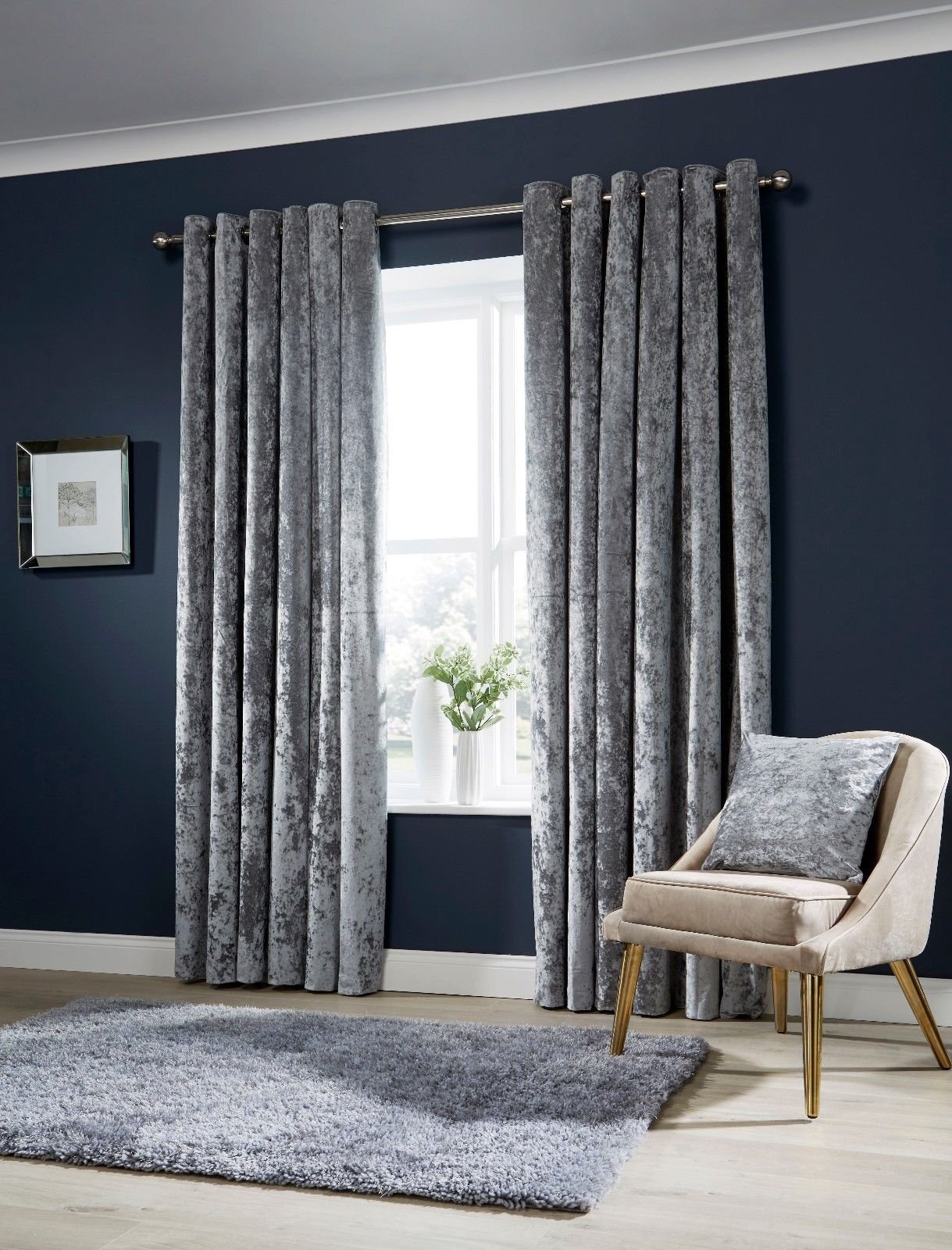 Olivia Rocco Crushed Velvet Glittery Shiny Designer Matching Curtain Pair (Silver, Curtain Pair 66"x72")