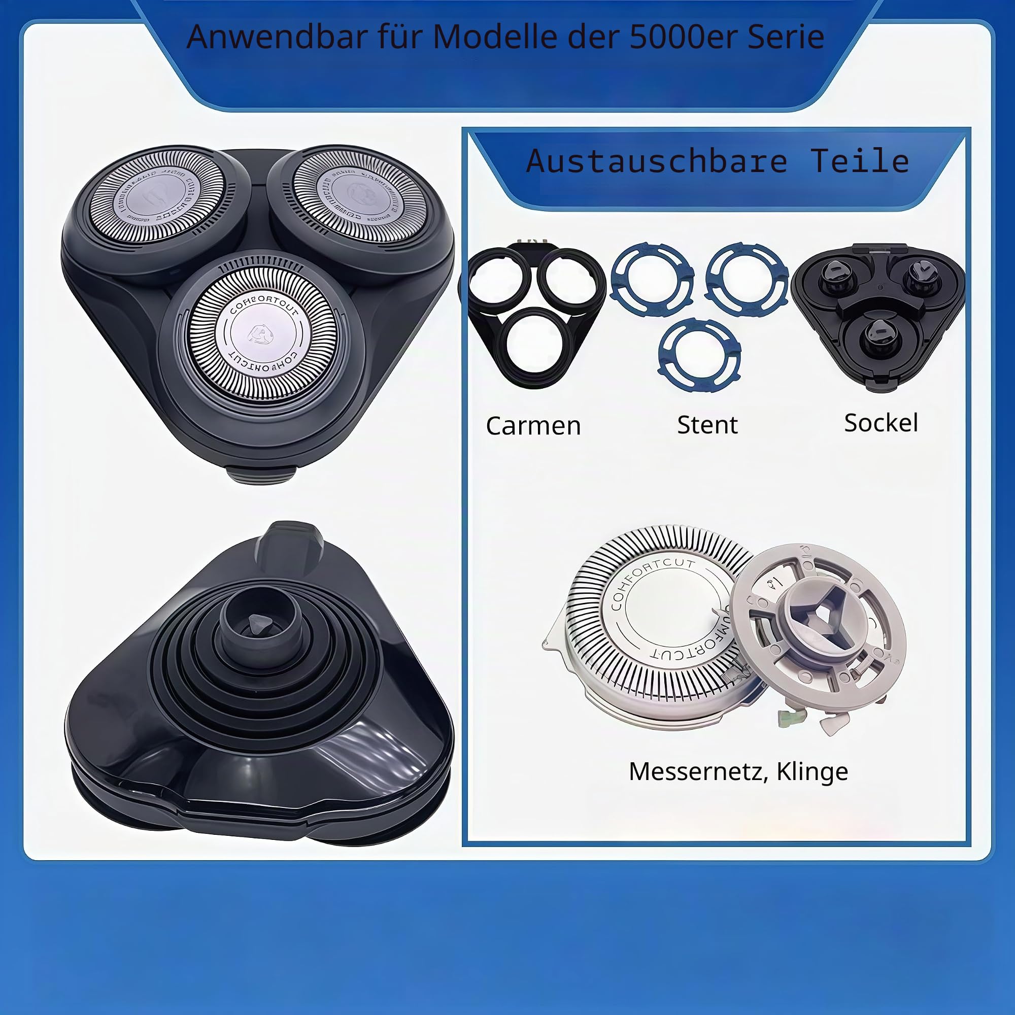 Ersatz-Scherkopf, kompatibel mit Philips Serie 5000, S5010, S5050, S5166, S5077, S5078, S5079, S5080, vollständiger Kopfersatz