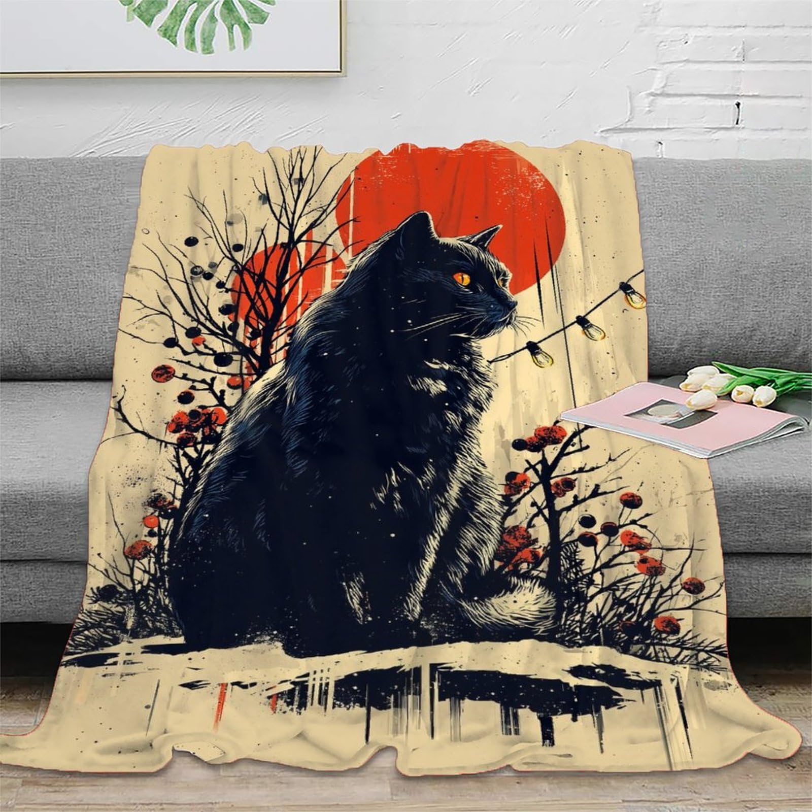 Schwarze Katze mit rotem Sonnenuntergang – Kuscheldecke, luxuriöse Plüschdecke, personalisierbar, für Schlafzimmer und Büro, kuscheliges Geschenk für Oma, 127 x 152 cm (50 x 60 Zoll)