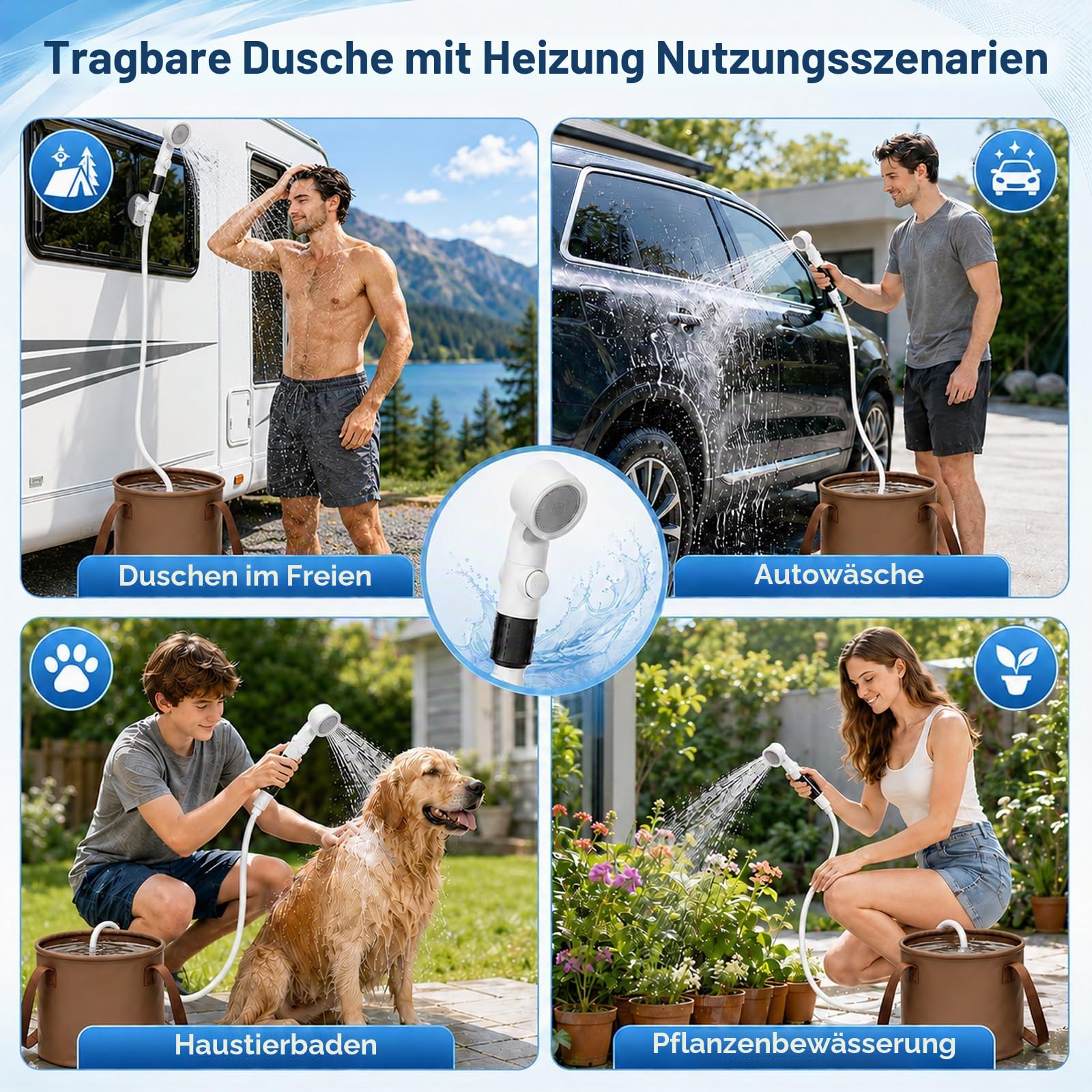 Camping Dusche, Outdoor Dusche mit Pumpe Akku 5200mAh,Duschpumpe-Set mit Heizfunktion und 20L Wasserbehälter, Campingpumpe für Reisen Wandern Garten Autowaschen Wohnmobile
