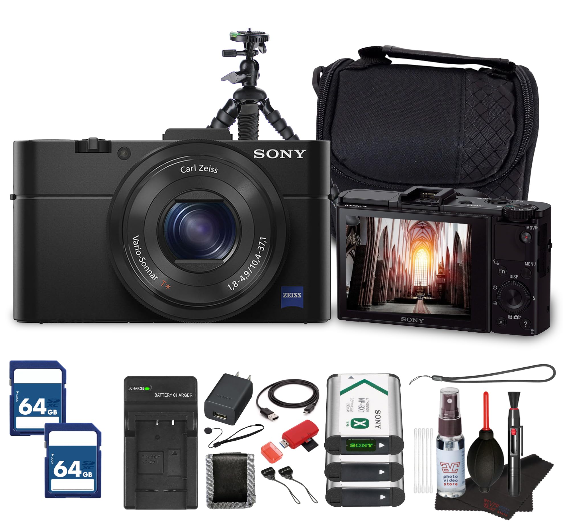 Sony RX100 II Digital Camera | Compact Premium Camera with 1" Sensor & Wi-Fi Bundle (DSC-RX100M2/B) + 2 x 64GB Card + Camera Bag + Battery Charger + 2 x Replacement for NP-BX1 + More (17 Items)