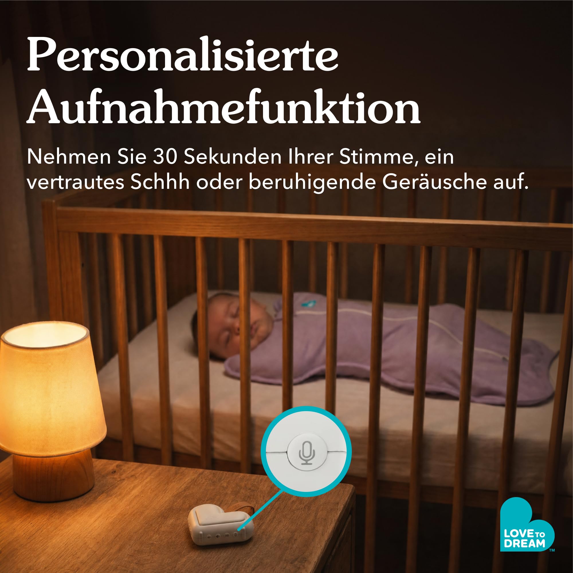 Love To Dream™ Tragbares Babyschlafgerät | Weißes Rauschen & Schlaflieder | 9 beruhigende Babygeräusche mit Nachtlicht | Kompakt, einstellbare Lautstärke & Schreierkennung