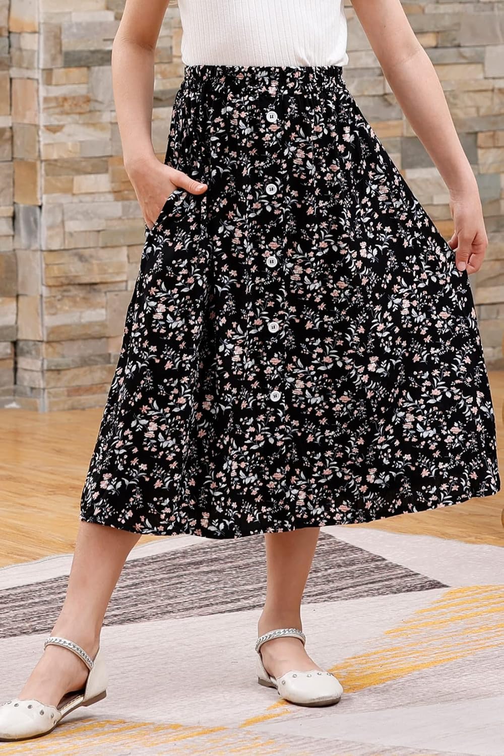 GORLYA Girls A-Line Elastic High Waist Pleated Swing Maxi Skirt with Pockets for 4-14T - Image 3