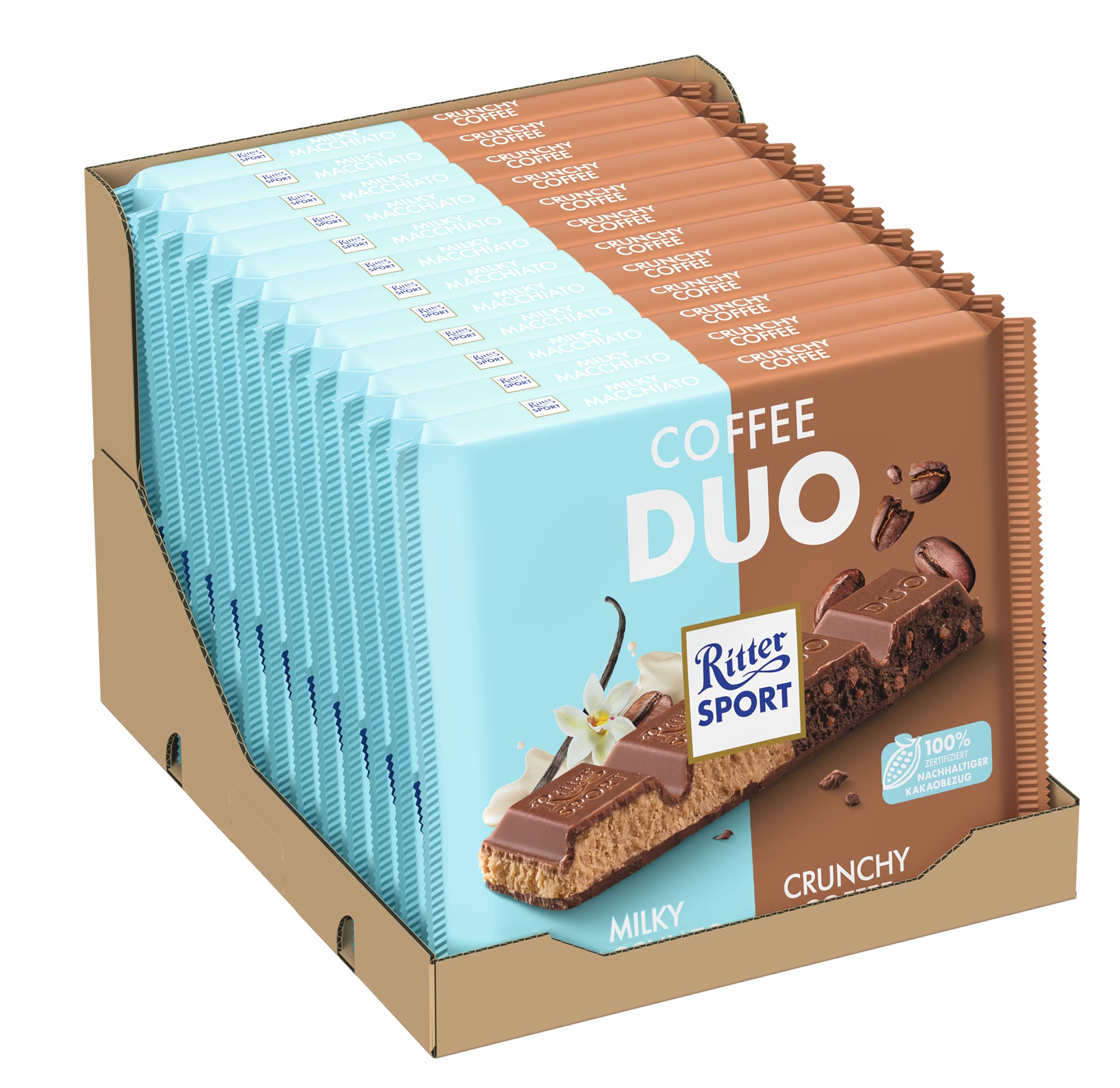 Ritter Sport Coffee Duo, große Tafel Vollmilchschokolade mit Milky Macchiato- & Crunchy Coffee-Füllung, ideal für Kinder & Erwachsene, perfekt zum Naschen und Genießen, Geschenkidee, 12 x 218 g