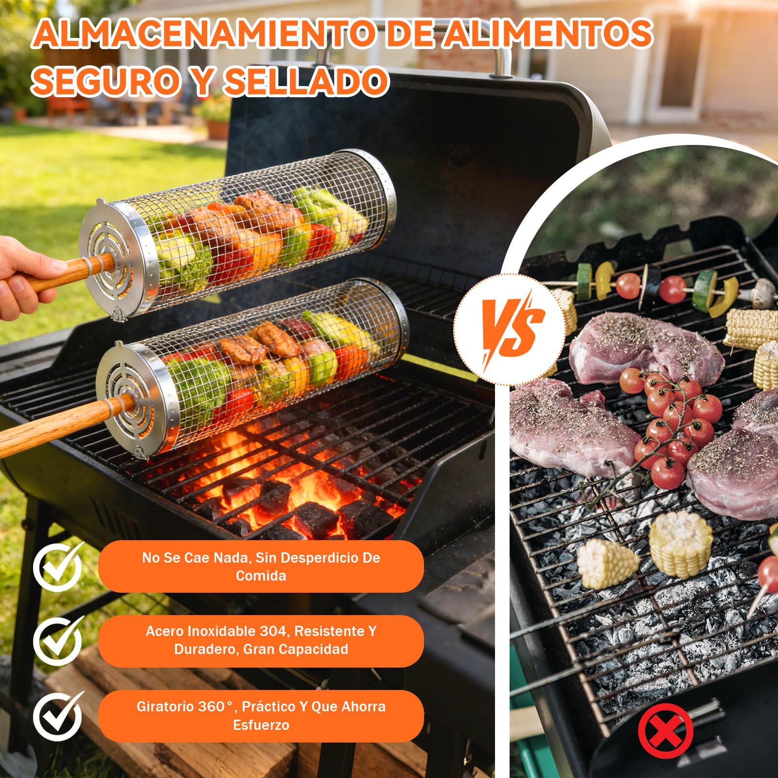 Juego de Cestas de Parrilla de Acero Inoxidable con Mango de Madera - 2 Cestas de Barbacoa Giratorias y Plegables, 31x10cm + 30x9cm, para Verduras, Carne, Pescado en Parrilla y Fogata — view 7
