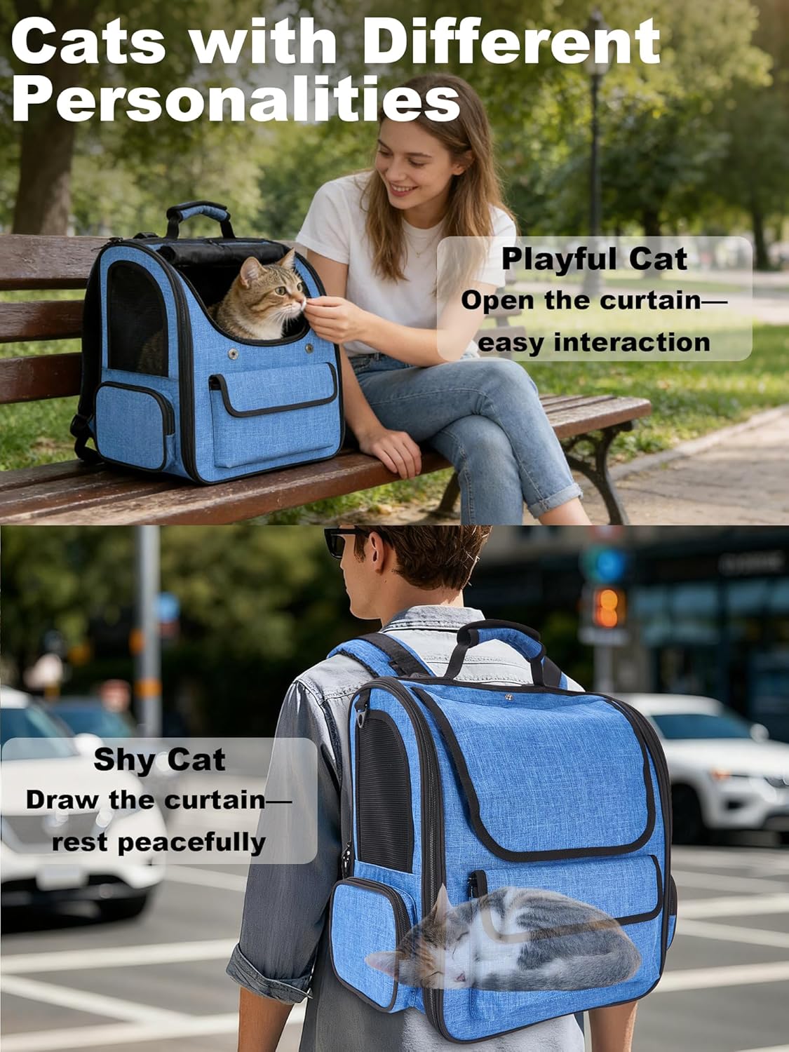 Large Cat Carrier with Tunnel Extension, Portable Small Dog Backpack with Ventilated Mesh Windows, Anti-Scratch Fabric, Luggage Strap and Chest Buckle for Travel, Hiking, Camping,Gray Blue