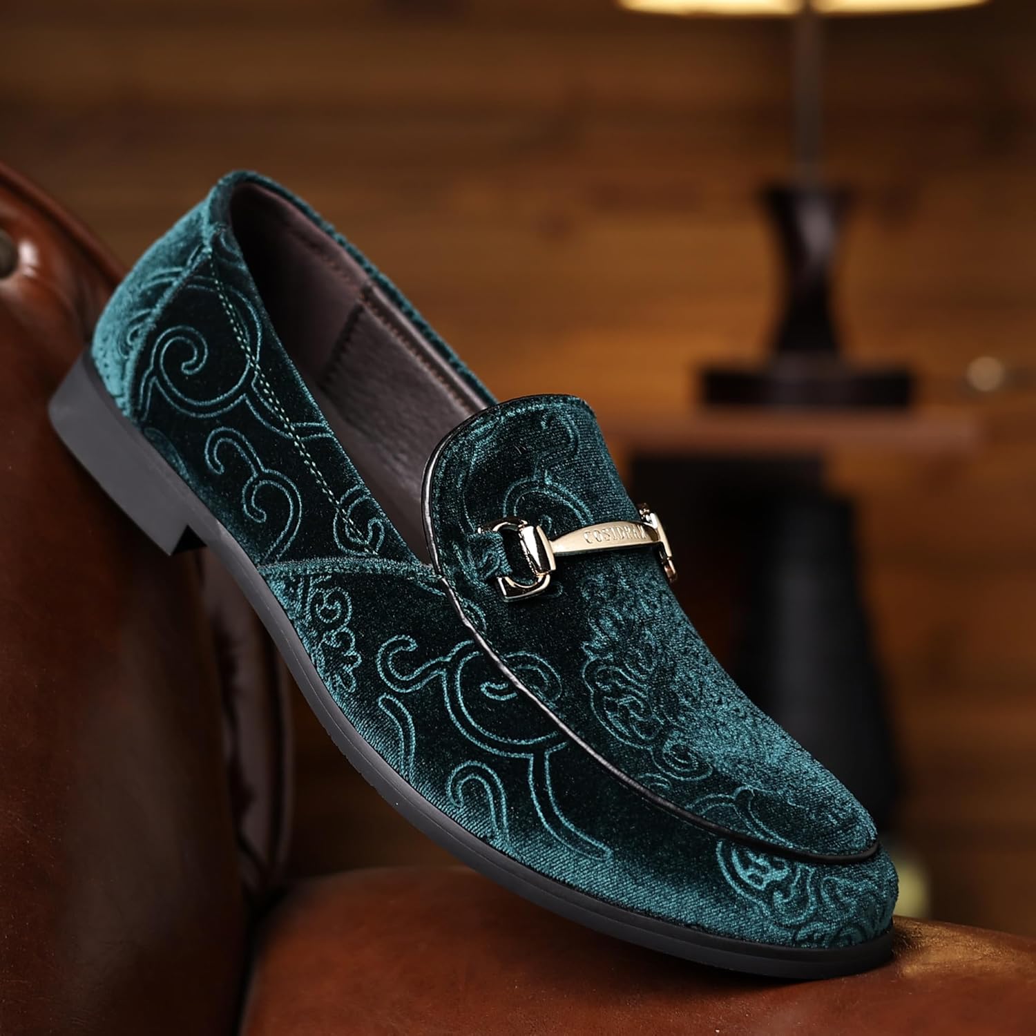 COSIDRAM Men's Velvet Penny Loafers Luxury Vintage Jacquard Pattern Classic Gold Buckle Party Prom Dress Shoes - Image 2
