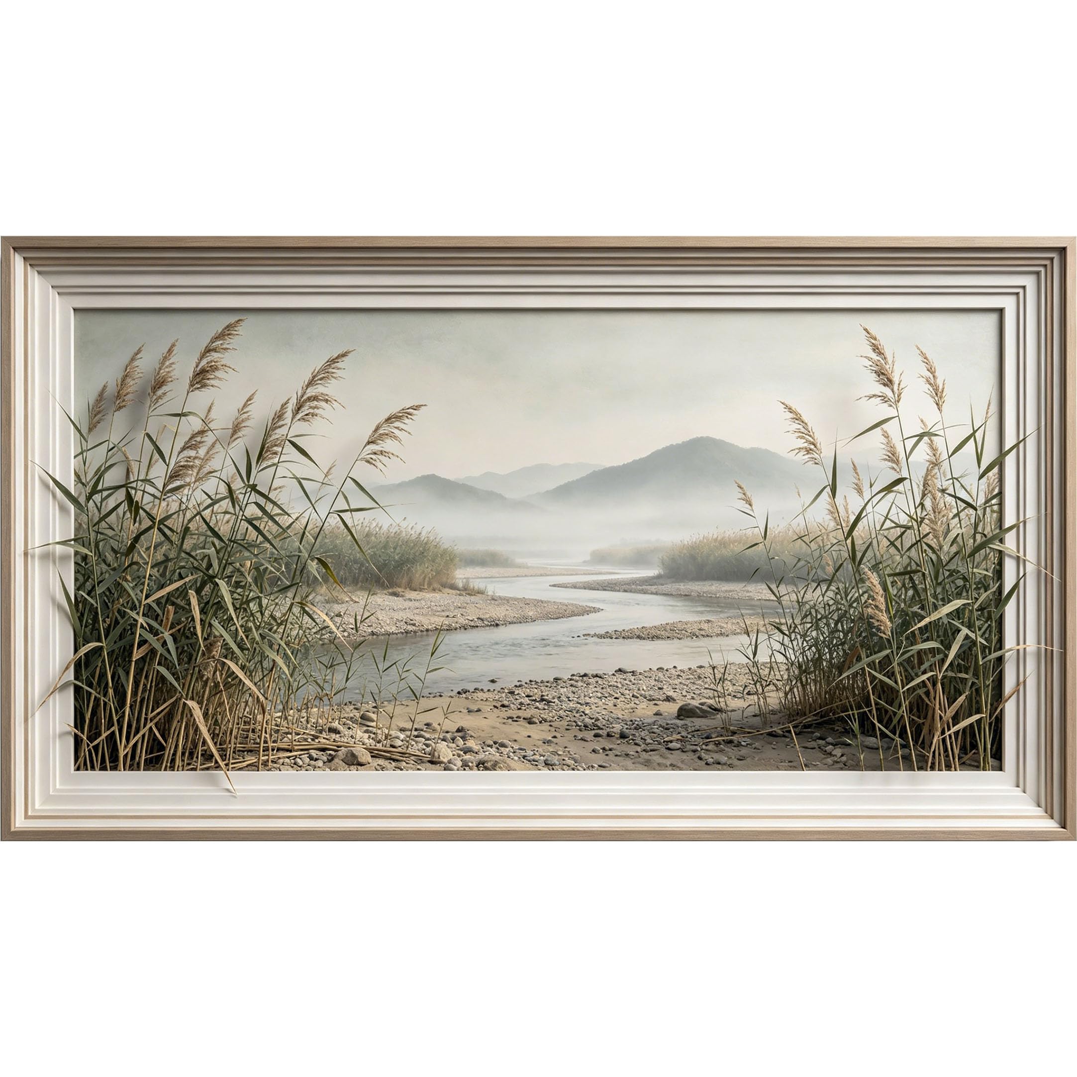 QZLITHOTIC 50×90cm3D Framed Wall Art， Mist Covered Mountain Lake Landscape Reed Plant Scene Self?Adhesive Mural， Water?Activated Peel & Stick Fabric Decor Wall Decal for Bedroom Living Room