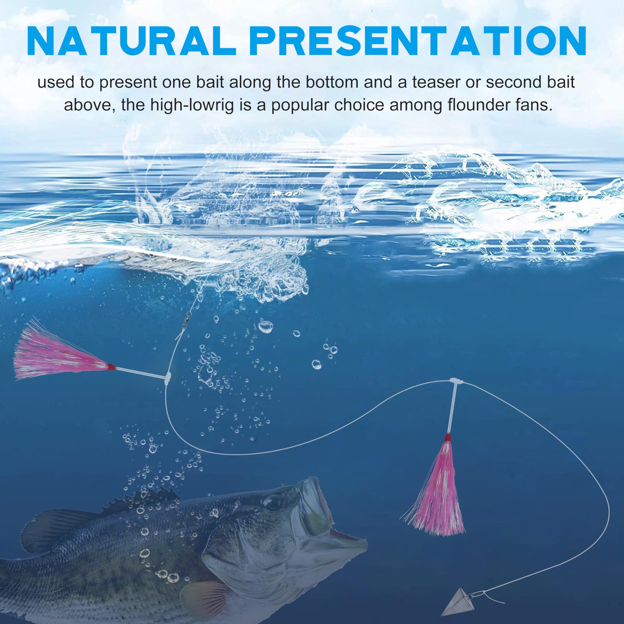 Bucktail Teaser Rigs, 3/6 Stück Fluke Flunder Rigs handgeknüpfte Seebarsch Hi Lo Rig Angelköder Rigs Salzwasser mehrfarbige Mylar Bucktail Teaser Haken für Surfen Ozeanangeln