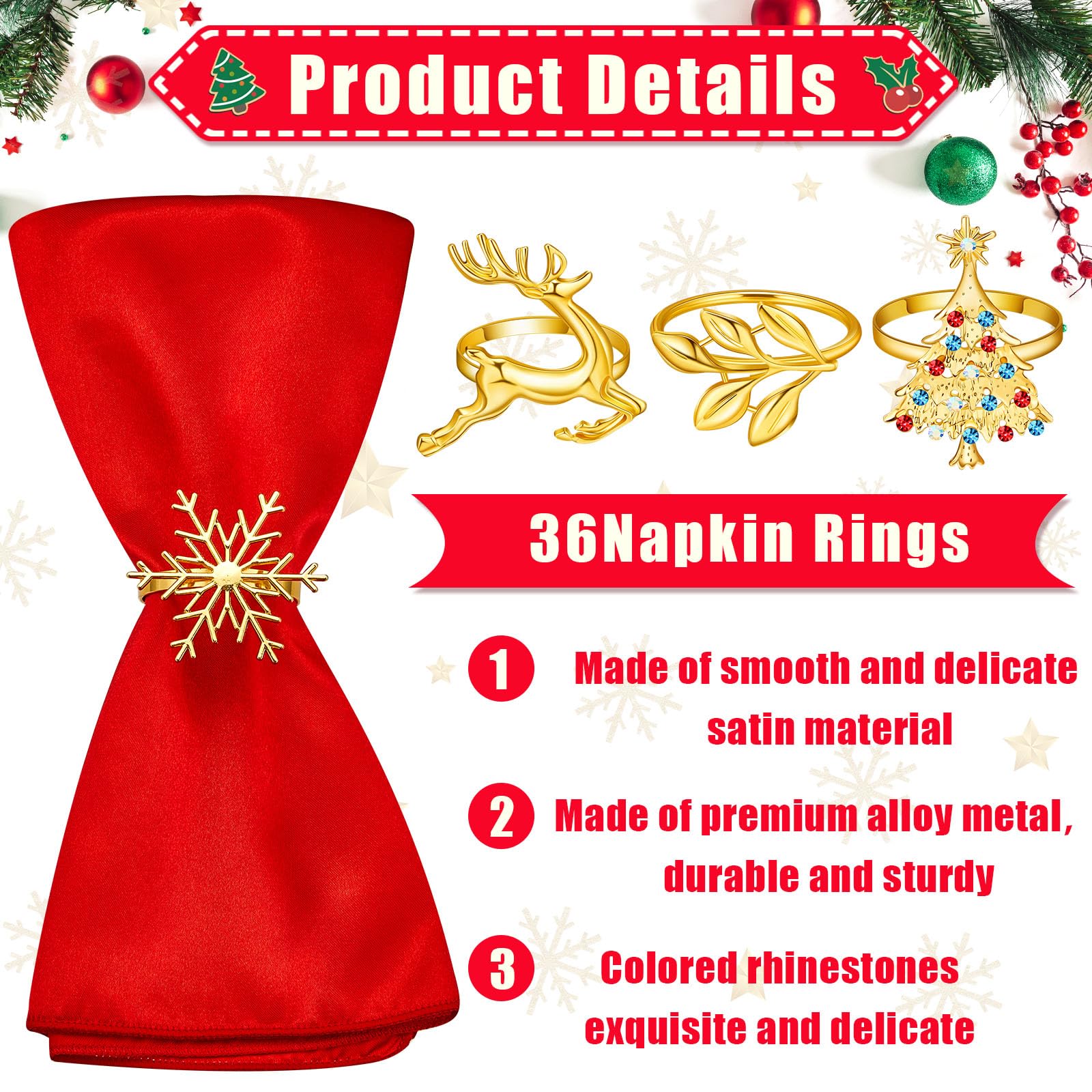 Maxcheck El juego de 72 servilleteros de Navidad incluye servilletas de Navidad lavables rojas y soporte dorado para servilleteros para vacaciones, Navidad, boda, fiesta, cena, decoración de mesa