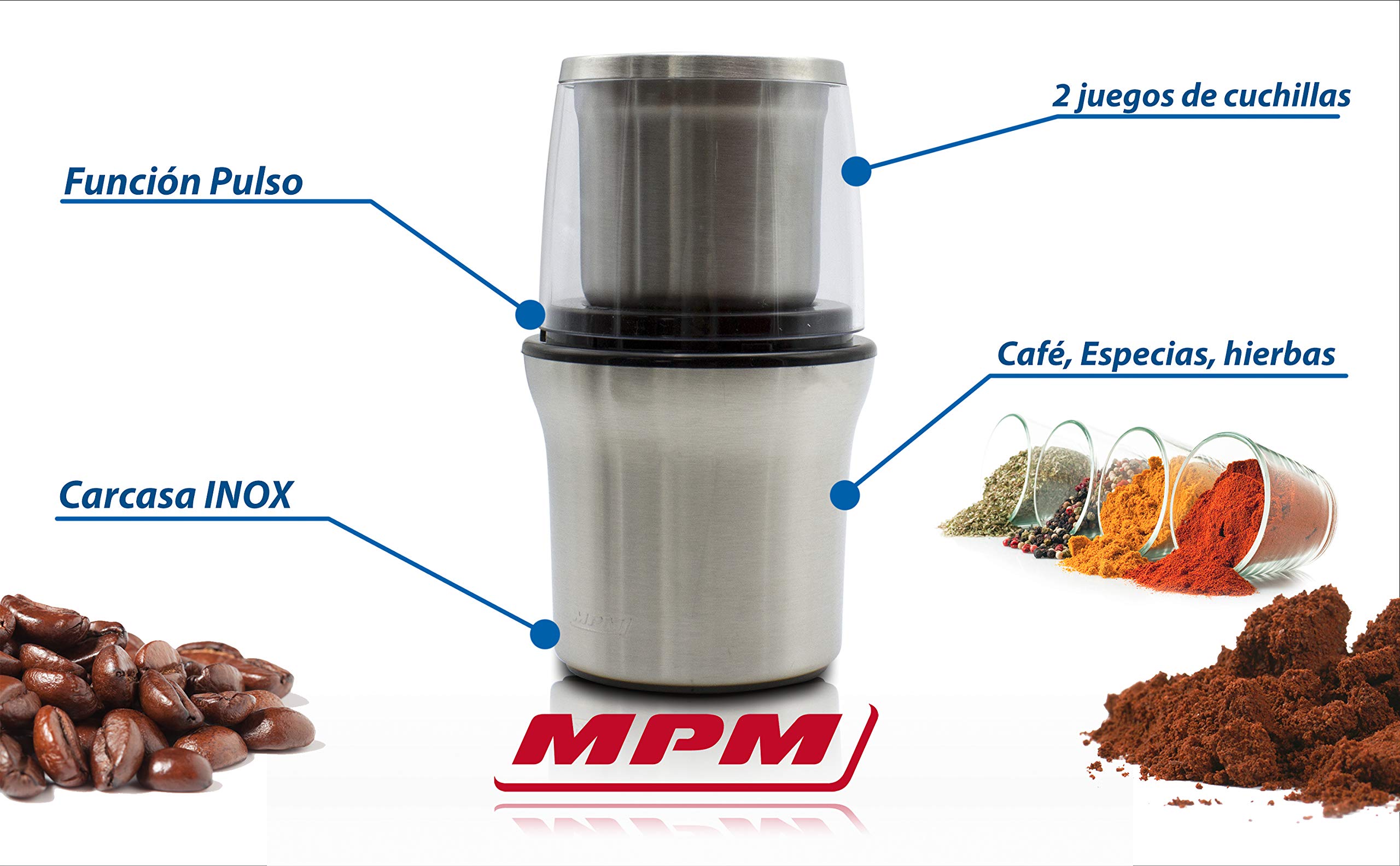MPM MMK-06M Młynek i Rozdrabniacz Udarowy 2w1 do Kawy, Przypraw i Nasion, 2 Pojemniki (70 g) z 2 i 4 Ostrzami ze Stali Nierdzewnej, Mielenia w Sposób Pulsacyjny, Obudowa ze Stali Nierdzewnej, 200W