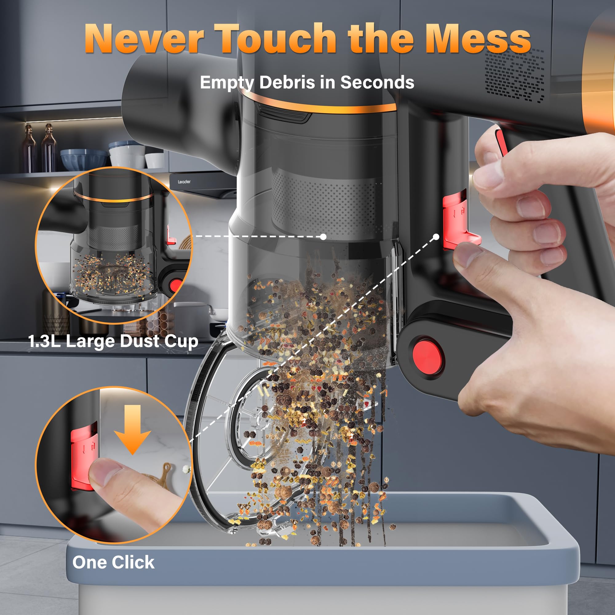Tikom V500 Cordless Vacuum Cleaner for Home, 40000Pa/450W Stick Vacuum with LED Touch Screen, Charging Wall Dock, Anti-Tangle, Lightweight Handheld Vacuum for Pet Hair, Hard Floor, Carpet view 7