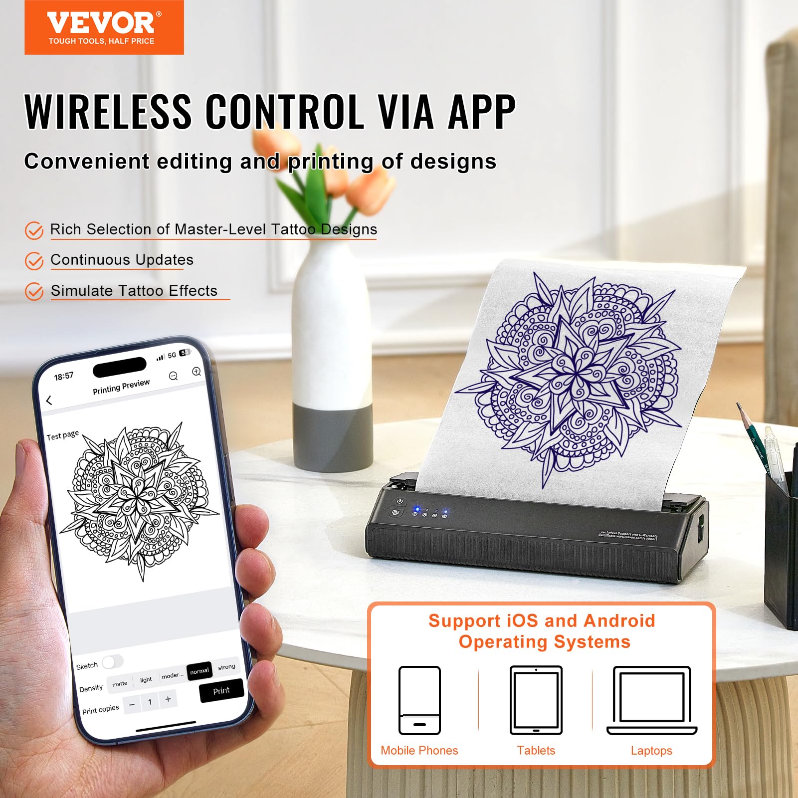 VEVOR Thermocopieur Tatouage sans Fil Bluetooth, Imprimante Tatouage avec 10 Papiers, Machine Transfert Tatouage iOS Android iPad PC