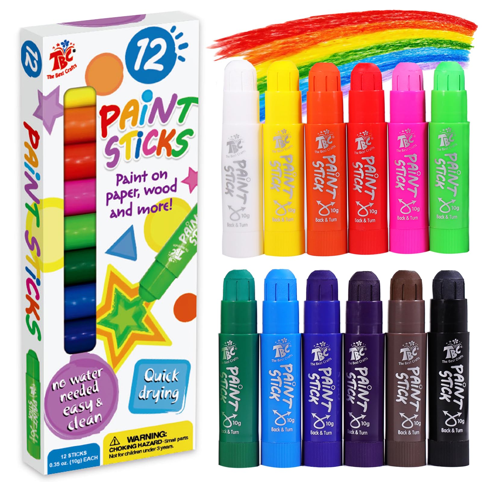 TBC The Best Crafts Paint Sticks,12 Classic Colors, Washable, Non-toxic, Tempera Paint Sticks for Kids and Students
