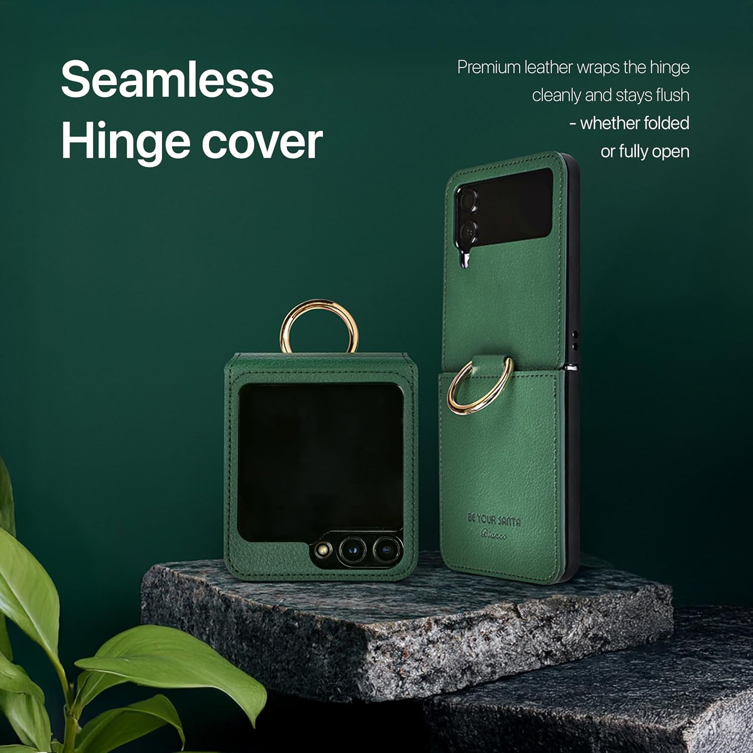 [BeYourSanta] Galaxy Z Flip 5 Case Bosco & Bianco with Card Holder, Camera Cover, and Hinge Protection - Italian Vegan Leather | Ring Holder, Wireless Charging (Green, Z Flip5 Bianco)