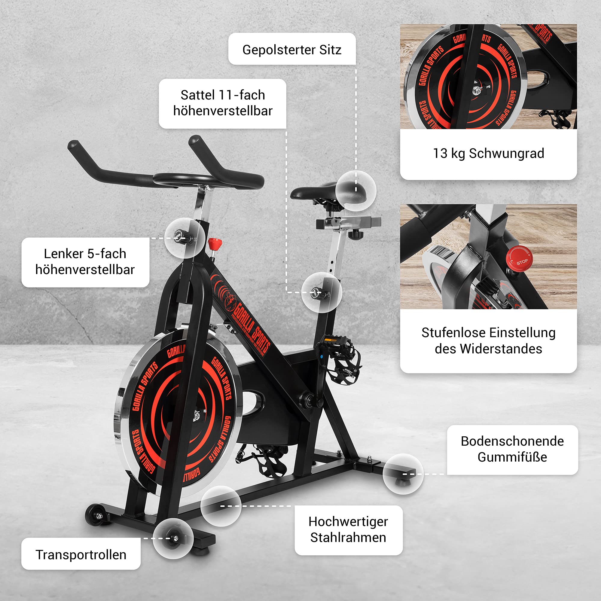 GORILLA SPORTS® Indoor Cycling Bike mit 13-kg-Schwungrad, bis 110 kg | Stufenloser Widerstand, 11-fach verstellbarer Sattel und 5-fach verstellbarer Lenker, Kettenantrieb für Home-Gym und Cardio