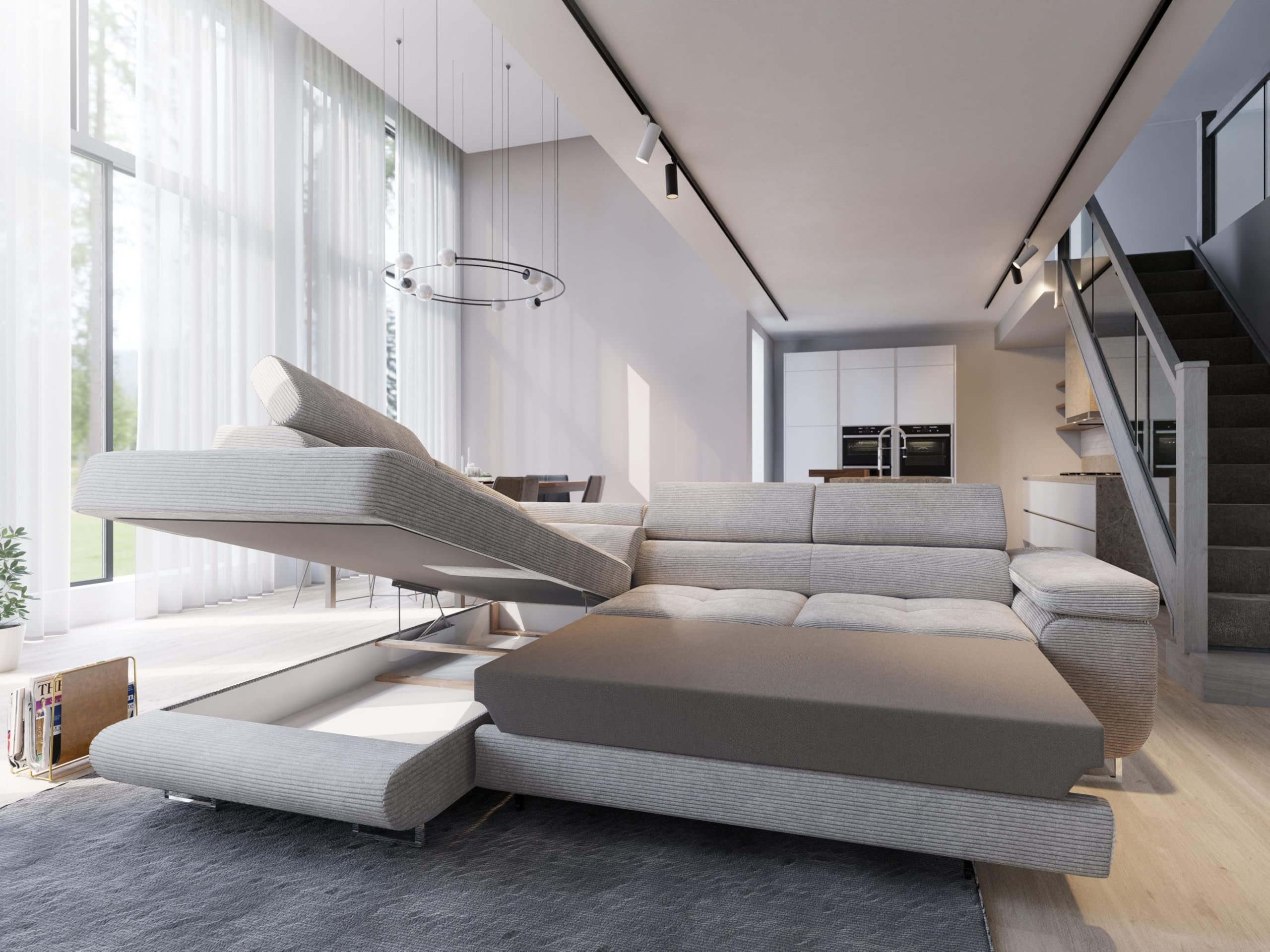 Masseno Canapé d'angle APIRO L-S avec Fonction Couchage Forme en L, Moderne, avec Coffre de Rangement, Ensemble canapé de Salon - Beige