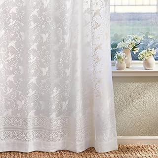White Sheer Curtain Panel with Tieback, Ivy Lace Leaf Design Tab Top or Rod Pocket for Light Filtering & Privacy 100% Cotton Voile Hand Block Printed 44 x 63 Inches - Buy now