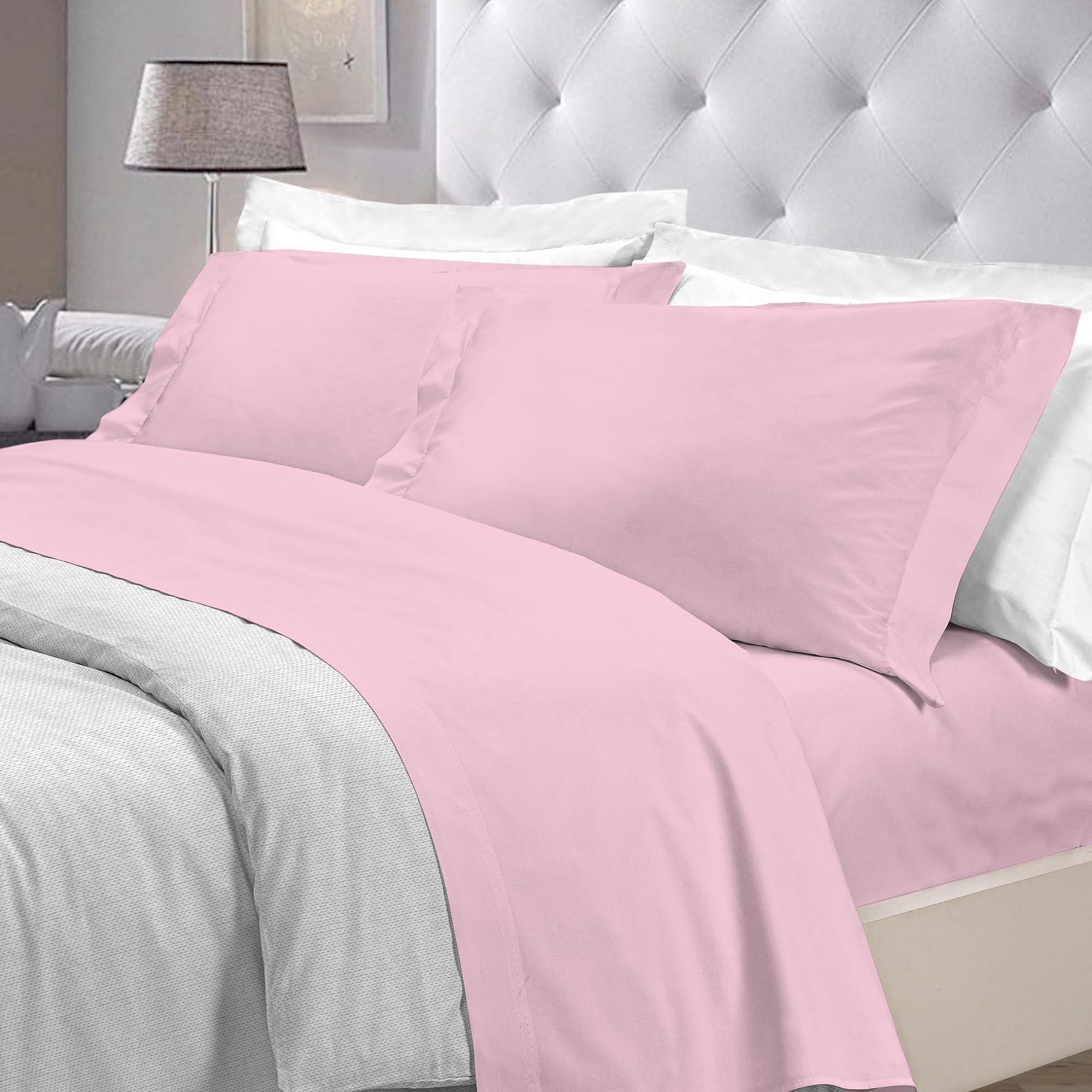 PENSIERI DELICATI Double Bed Sheet 180 x 200 cm, Plain Colour Fitted Sheet +30 Made in 100% Cotton, Made in Italy, Pink - Image 2