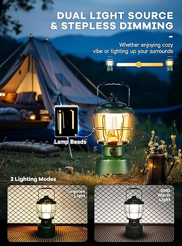 Miniatura 2 de Favorbrite Linterna LED para campamento, linterna recargable vintage regulable de 2500 lúmenes, resistente al agua, luces de emergencia portátiles