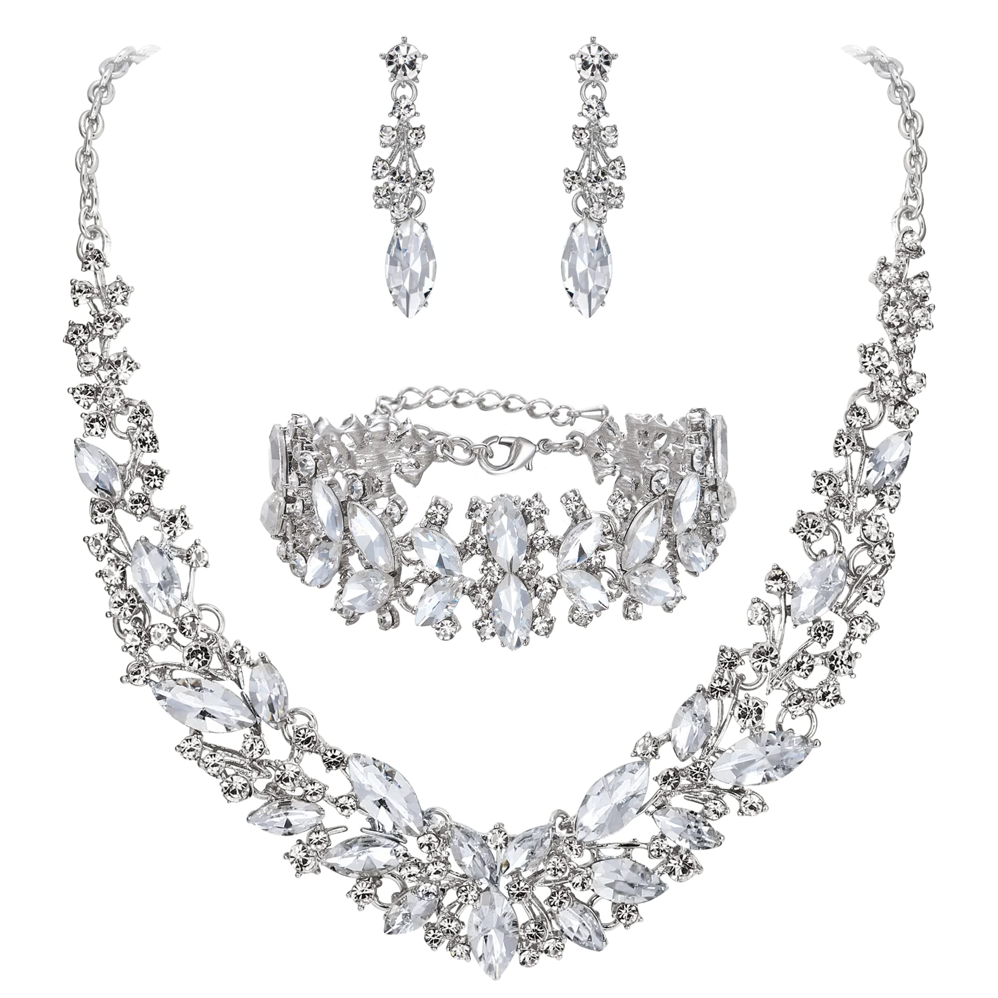 Clearine Juegos de Joyas de Mujer Boda Nupcial Collar Pendientes Pulsera Conjunto de Joyería Cristal Marquesa Conjunto de Collar de Racimo,Color Claro Plata-Tono