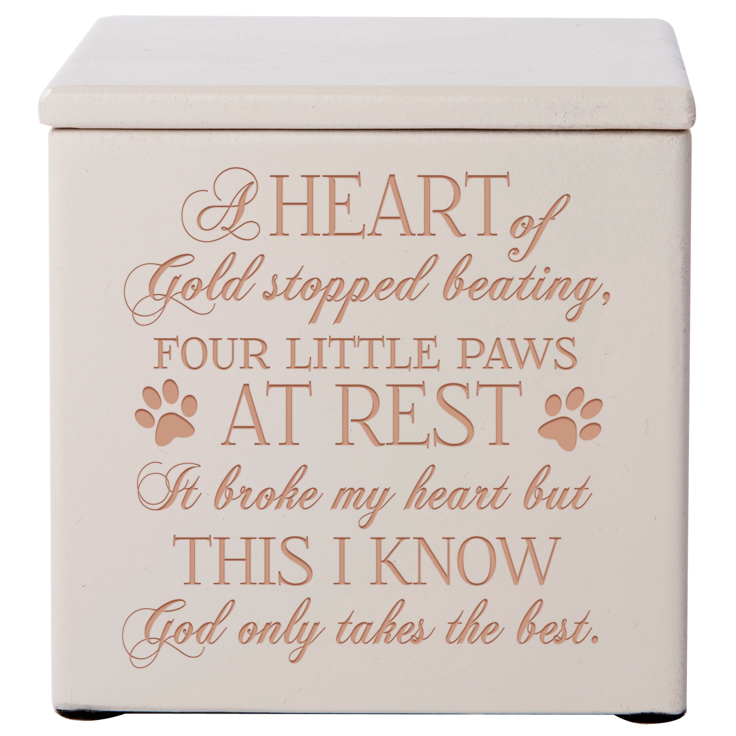 LifeSong Milestones Cremation Urns for Pets - Memorial Keepsake Box for Dogs and Cats - A Heart of Gold Stopped Beating Four Little Paws at Rest Holds Small Portion of Ashes - (Ivory)