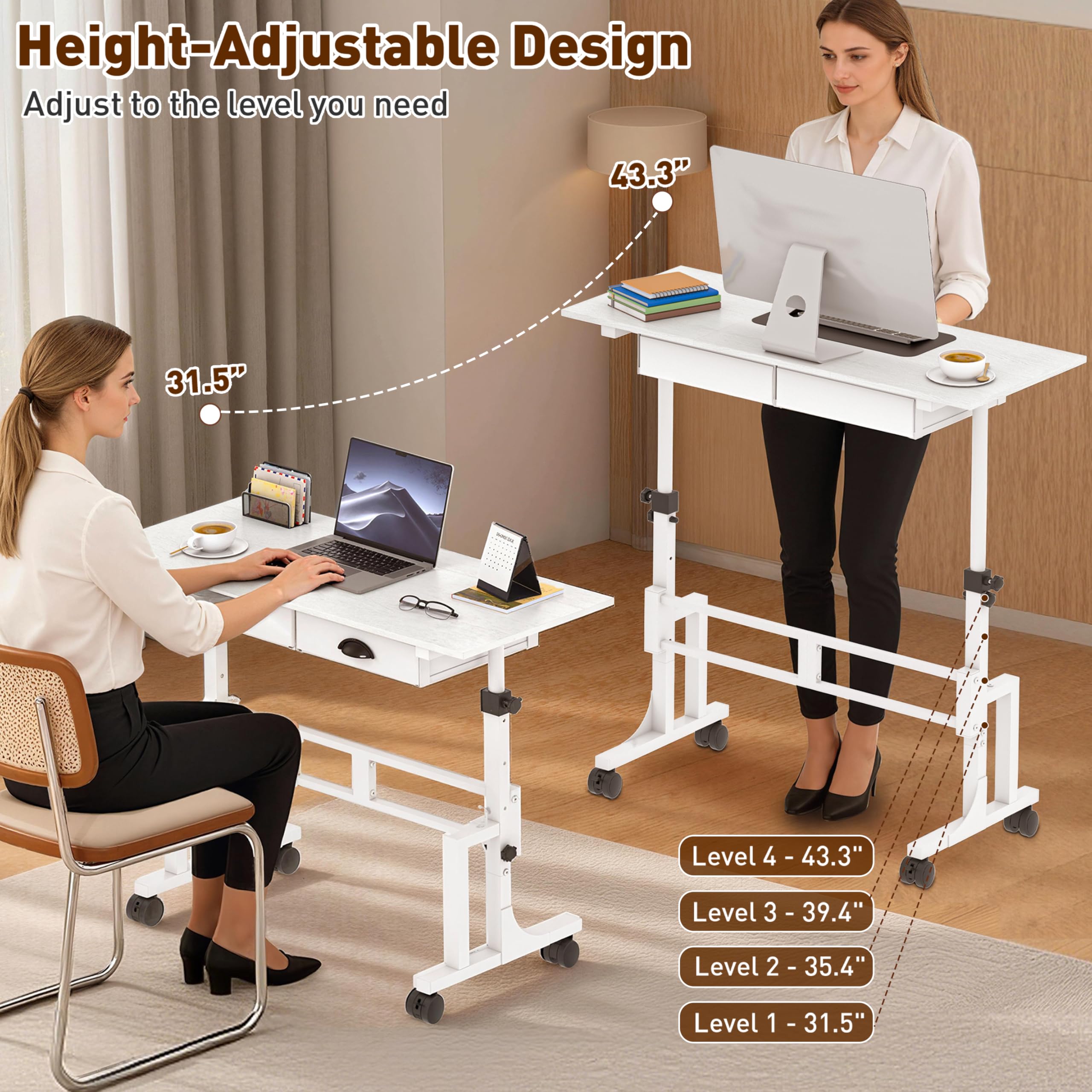 Height Adjustable Standing Desk with 2 Drawers Small Sit Stand Up Desk with Wheels Portable Rolling Desk for — view 6