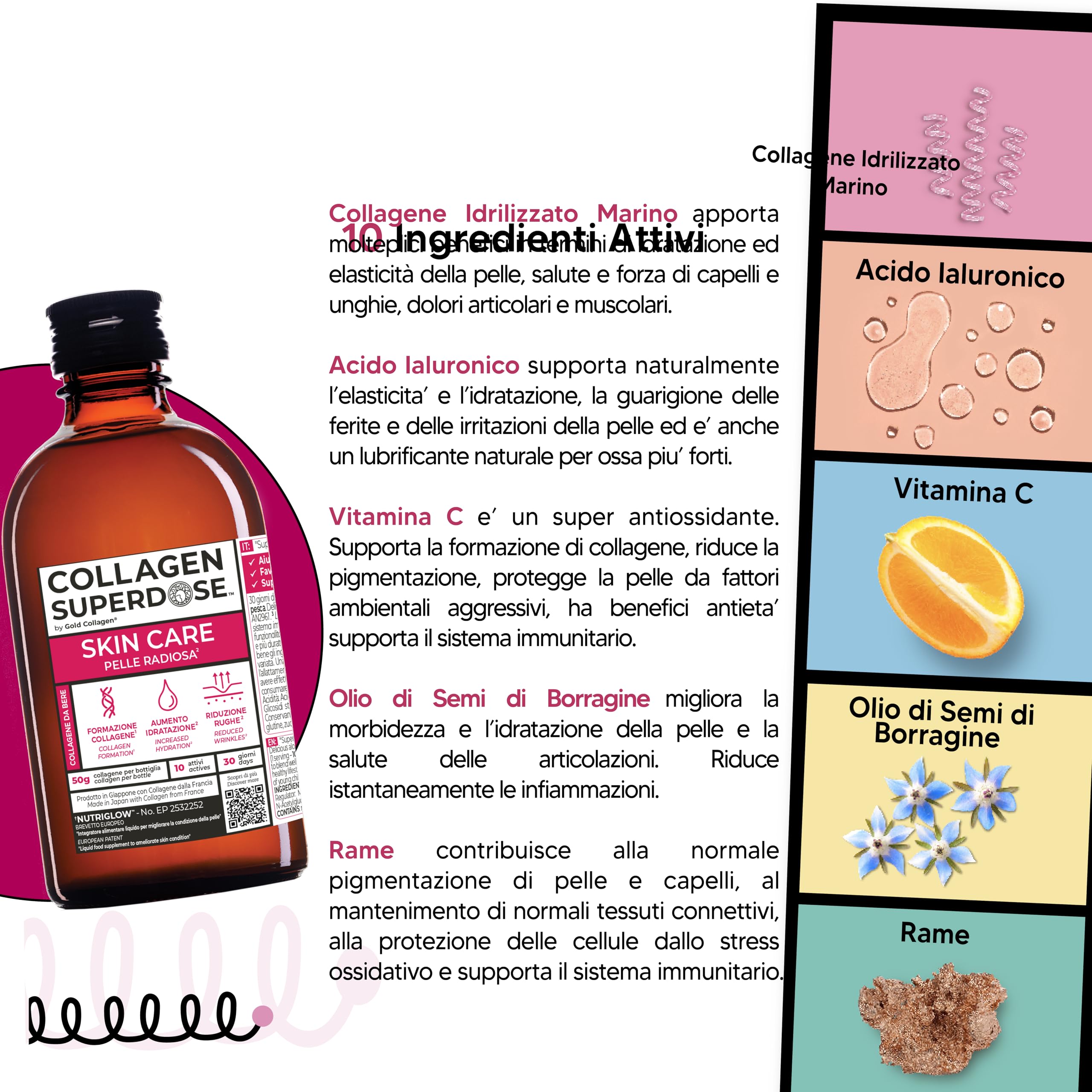 COLLAGEN SUPERDOSE BY GOLD COLLAGEN Skin Care - Collagene Integratore Antiage con Vitamina C, Integratore al Collagene Marino con Acido Ialuronico, Biotina e Zinco Capelli e Unghie, 300 ml