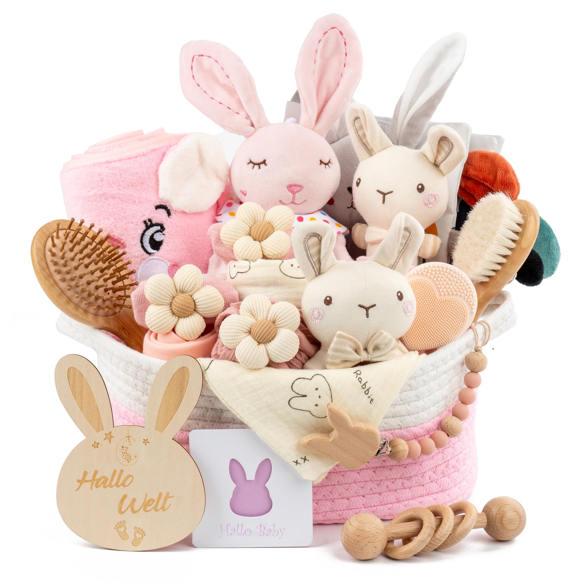 Baby Geschenk 20-teilig, Neugeborenen Set, Geschenk zur Geburt | Set mit Decke, Haarband, Holzrassel, Baby Schnuffeltuch und Tuch.