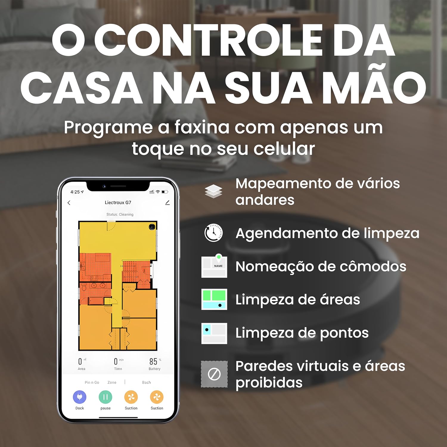 Smartphone screen displaying the Liectroux G7 app interface with a detailed floor map, showing options for area cleaning, scheduling, and virtual walls.
