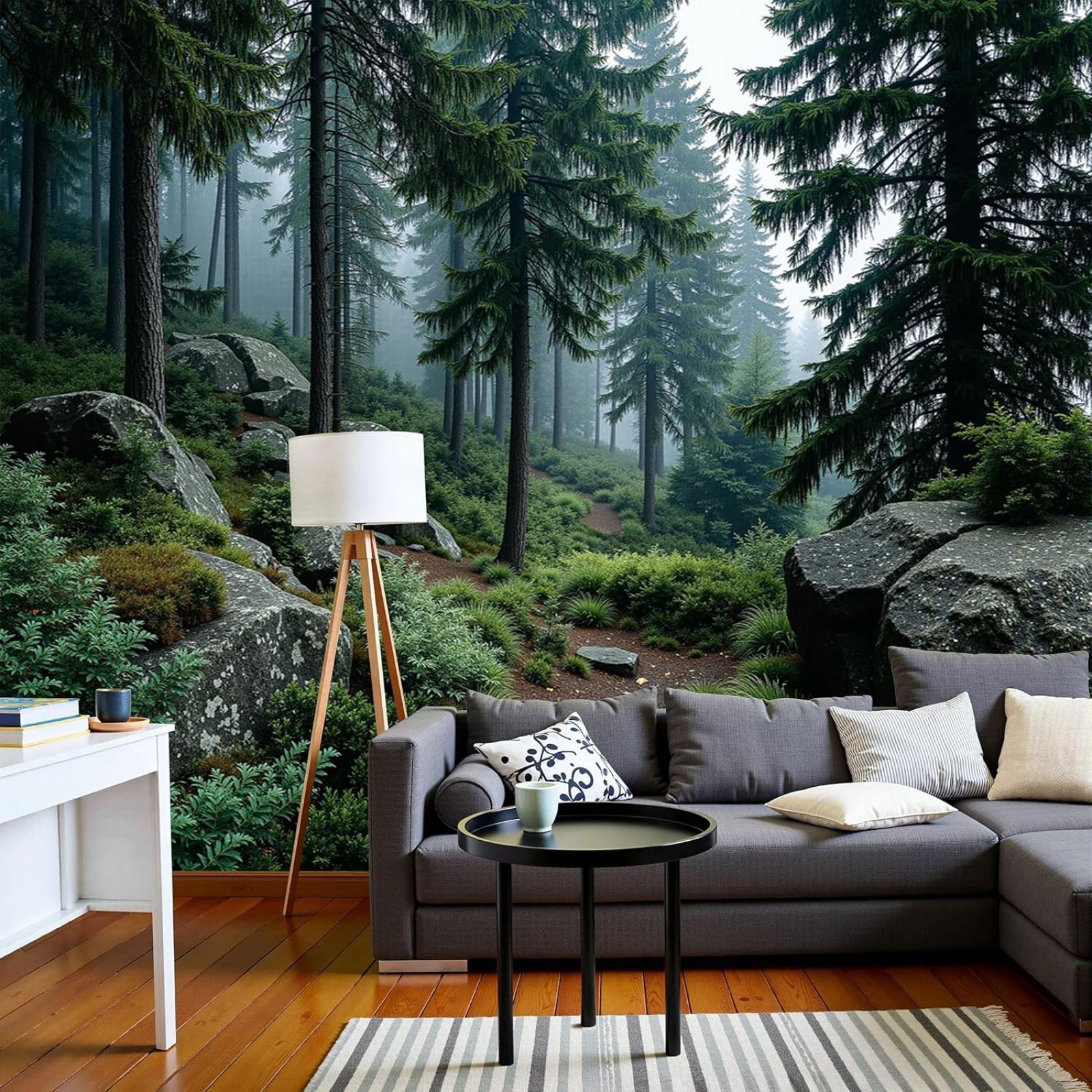 Papier peint photo nature paysage forestier brume et pins intissé salon 3D