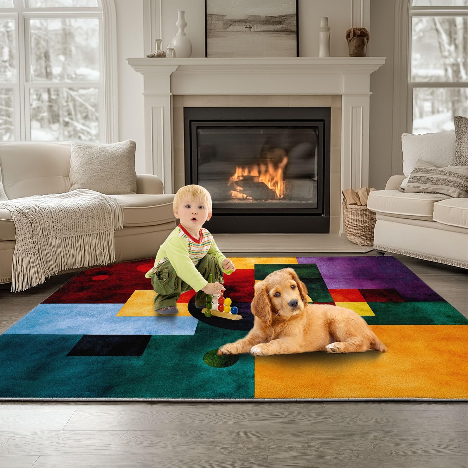 Generisch Teppich Maschinenwaschbar 160 x 230 cm Quadrat Form Kreis, Weich rutschfest & Fusselfrei, Großer Teppich für Flur Schlafzimmer Wohnzimmer Gastzimmer Esszimmer, Mehrfarbig