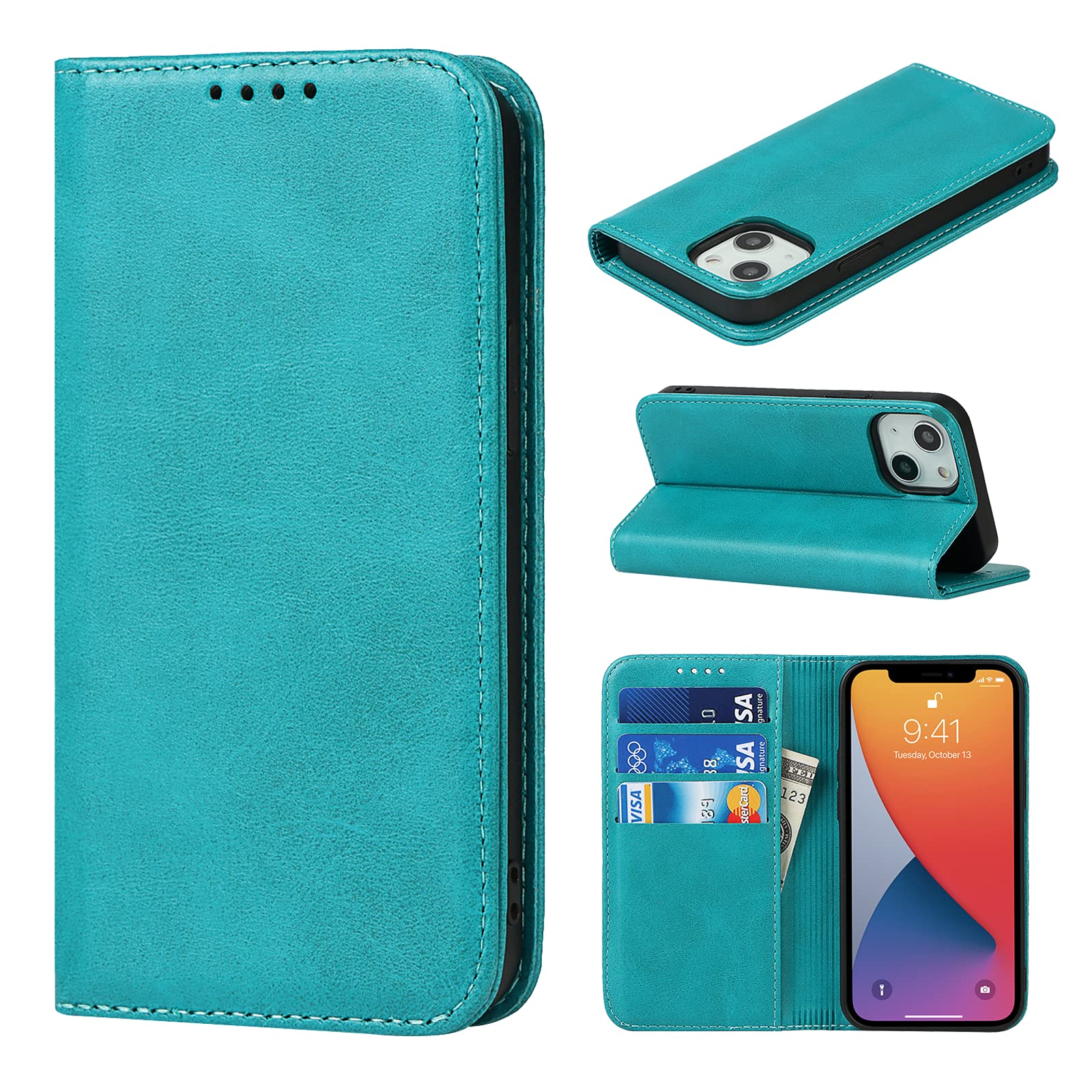 ELTEKER iPhone 13 Mini Wallet Case,Premium Leather Card Holder Cash Pocket Flip Kickstand Magnetic Wallet Case for iPhone 13 Mini-Sky Blue
