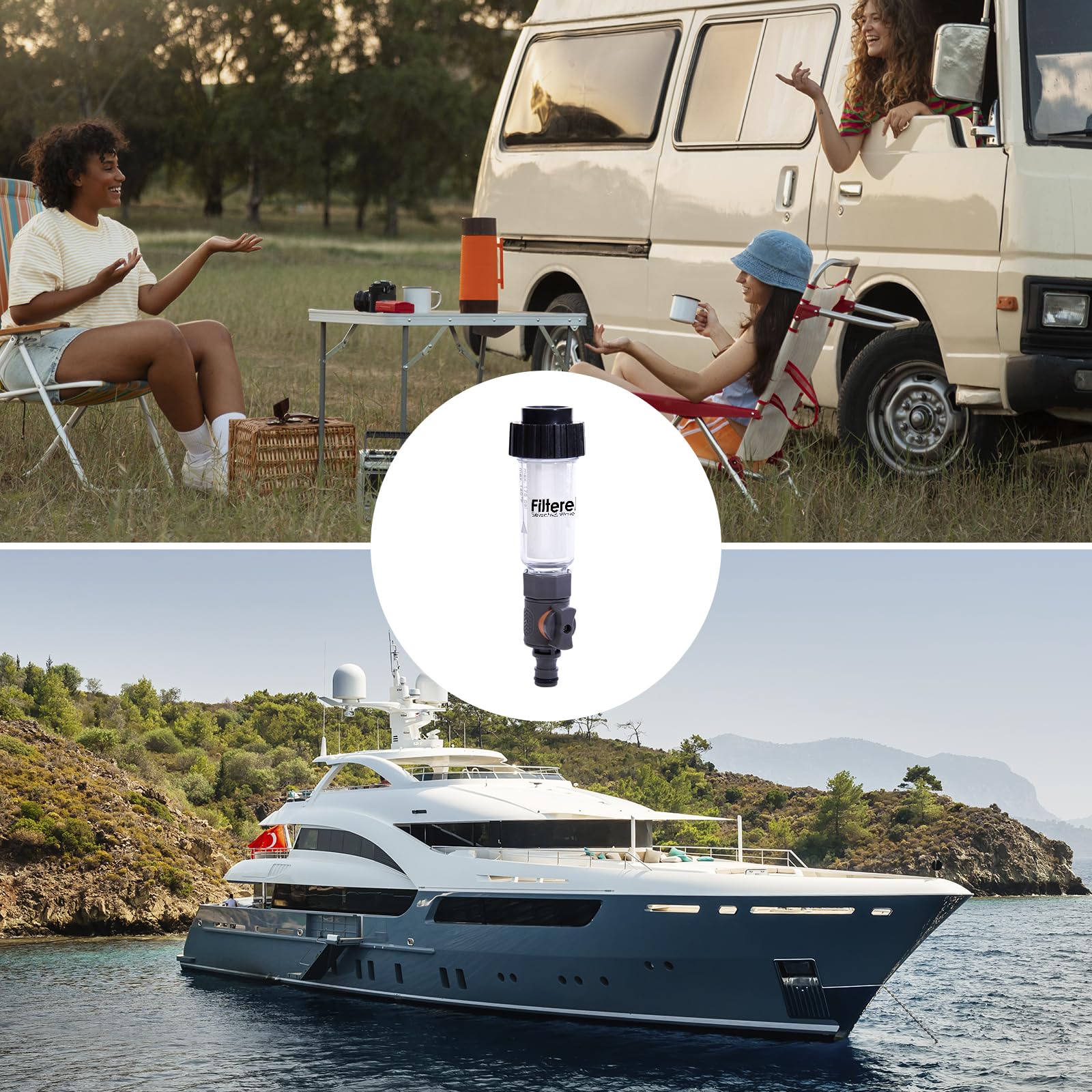 Kit de filtre à eau pour tuyau d'arrosage avec 1 insert filtrant, valve de régulation et 2 adaptateurs rapides comme filtre de remplissage pour nettoyeur haute pression, camping-car, caravane, bateau,
