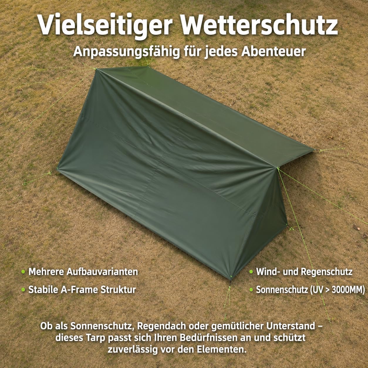 Robuste Gewebeplane 5000mm, Ultraleichtes Tarp für Wanderungen & Festival, Wasserdichtes Sonnensegel aus Oxford-Gewebe, 60x35x35cm Faltmaß, Dark Green