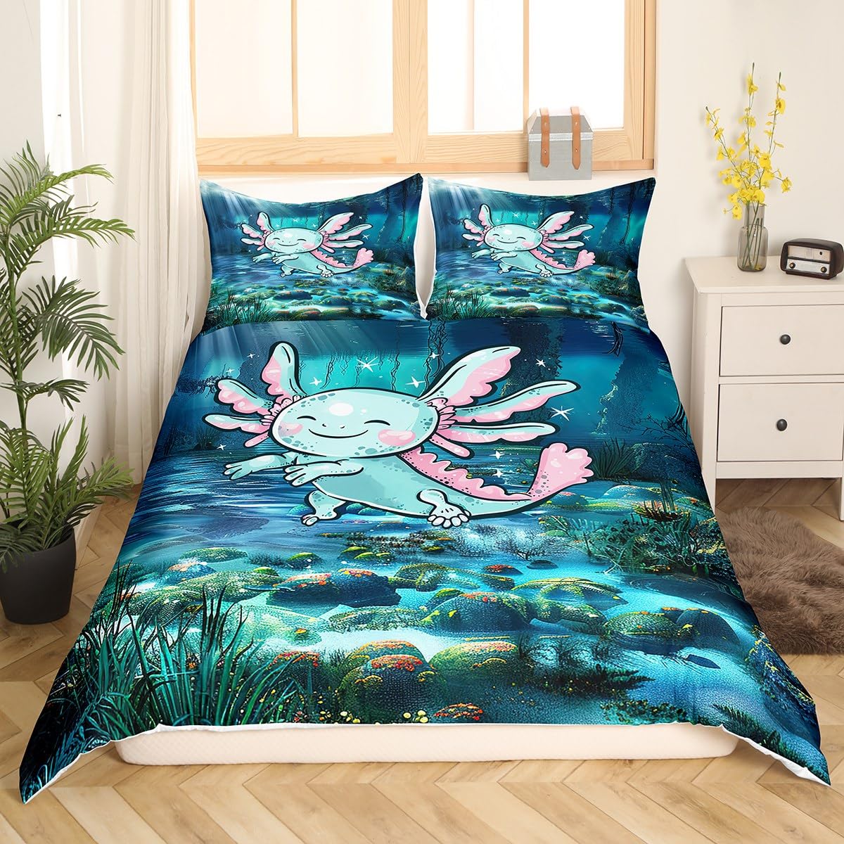 Kawaii Axolotl Bedding Set Twin Size,Cute Marine Life Ocean Animal Teal Blue Duvet Cover with 1 Pillow Comforter Cover(No Filler) for Kids,Undersea World Coral Seaweed Quilt Cover Set 2 Pcs