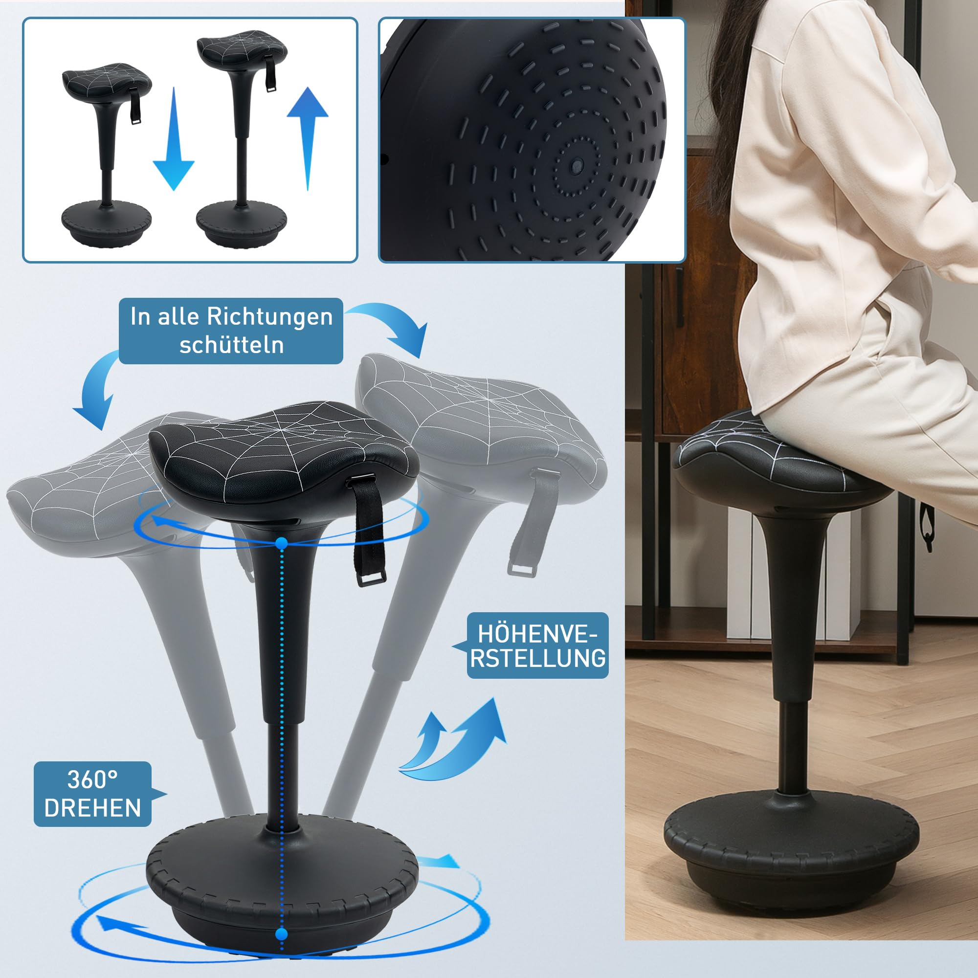 Vinsetto Bürohocker mit Schwenkfunktion, ergonomischer Hocker, höhenverstellbar 65,5-83,5 cm Arbeitshocker Sitzhocker groß Sockel, 120° neigbar Stehhocker, Anti-Rutsch, für Büro Arbeitszimmer, Schwarz
