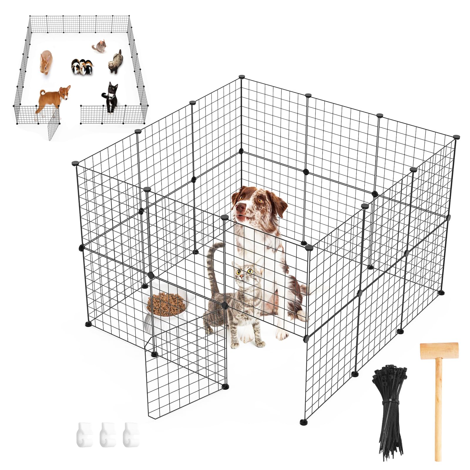 KOCASO Pet Playpen, Small Animal Playpen with Door Dog Metal Playpen with Cable Ties Small Animal Cage Metal Wire Fence Small Medium Kitten Puppy Guinea Pig Rabbit Kennel for Indoor Outdoor Yard Use
