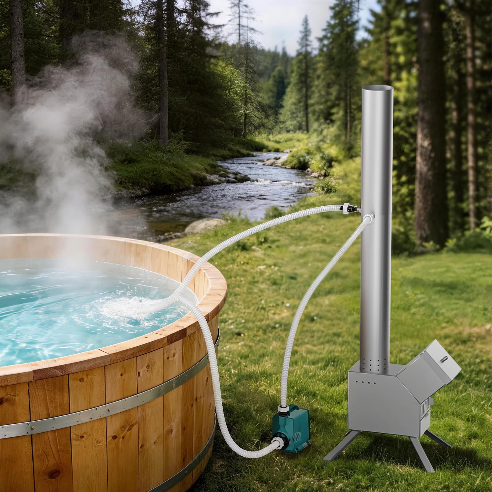 ECOPOOLTECH Riscaldatore per piscina a legna, per acqua calda all'aperto, adatto per piccole piscine, barili da bagno e vasche idromassaggio